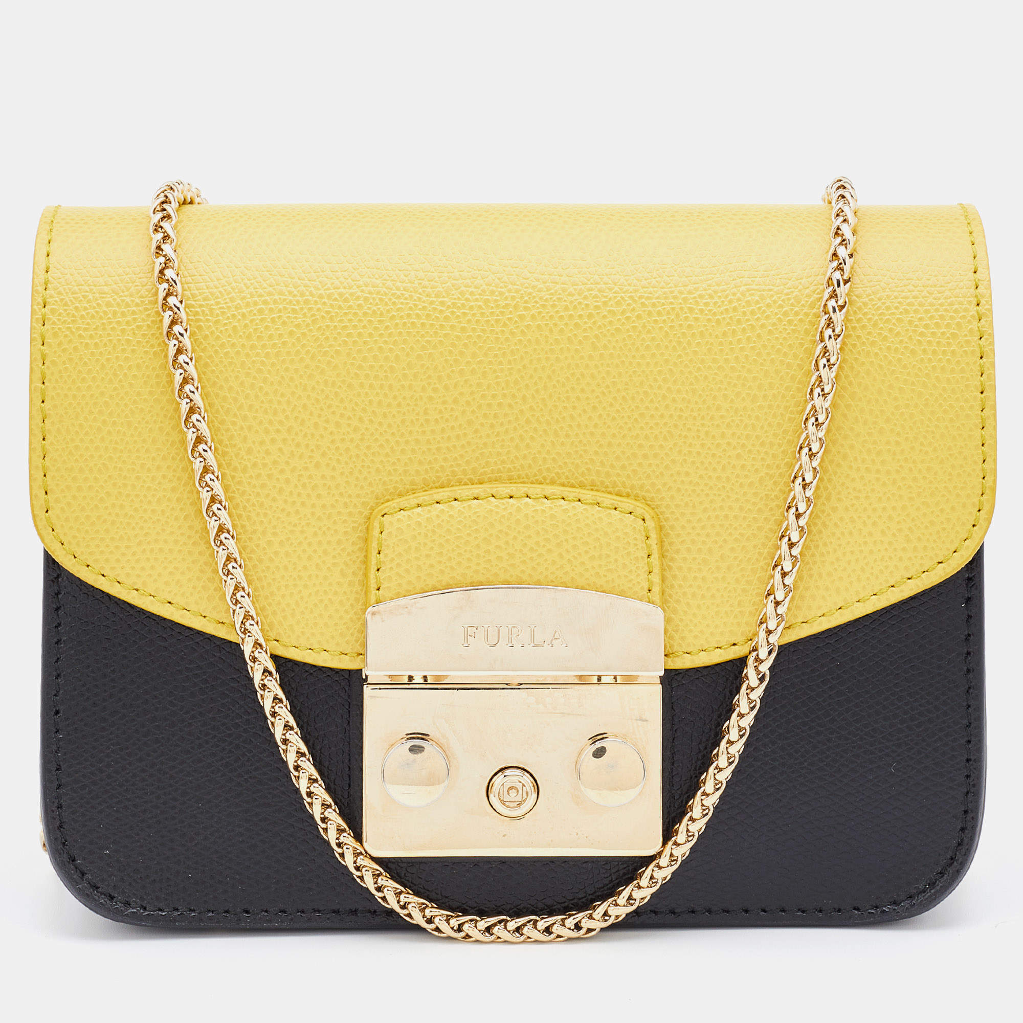 Furla Black Yellow Leather Interchangeable Flaps My Play Mini Metropolis Crossbody Bag