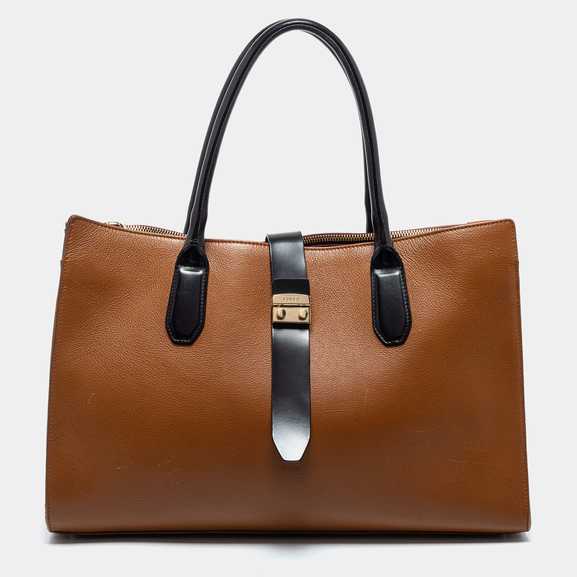 Furla Brown/Black Leather Pushlock Flap Tote
