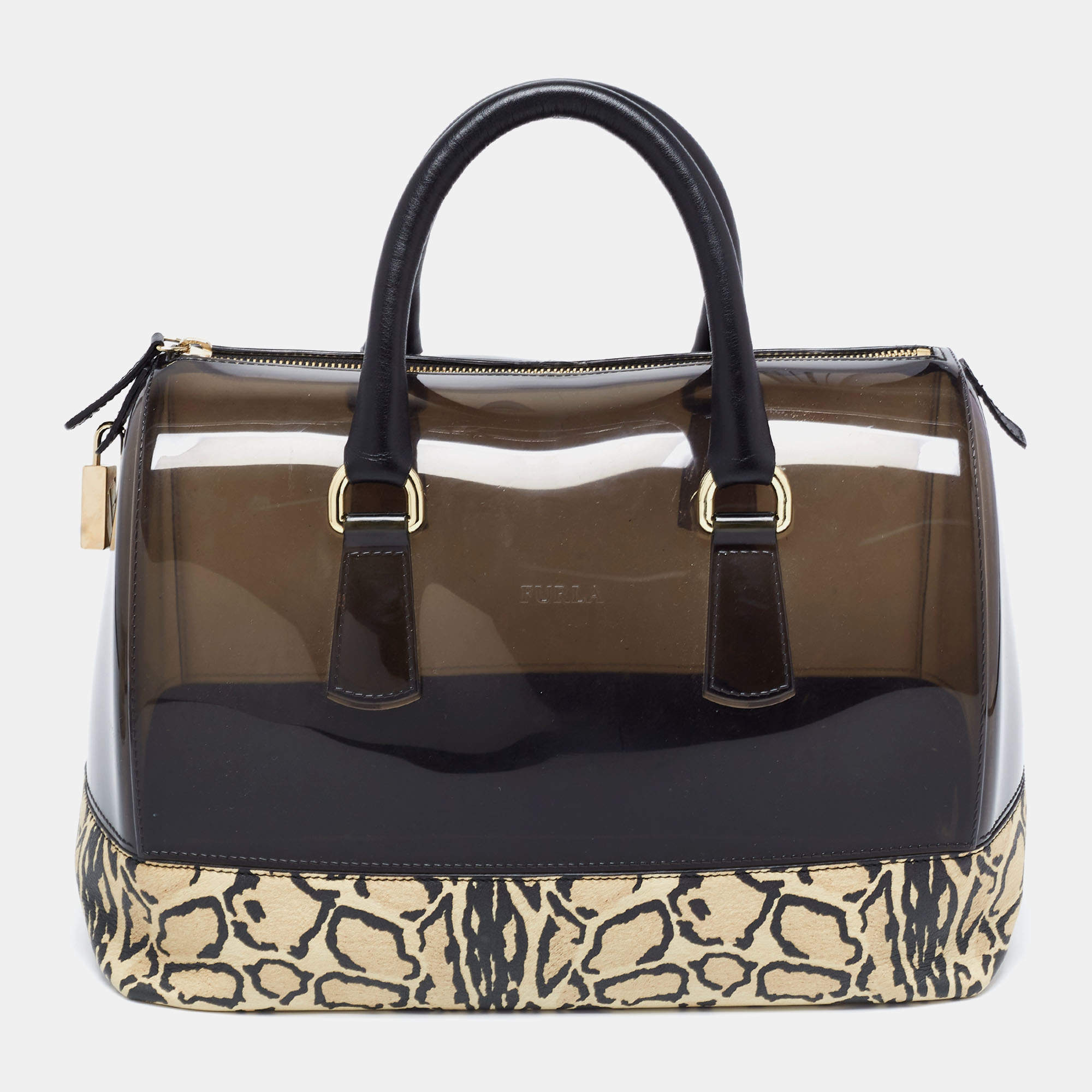 Pre Owned Furla Black/Beige Leopard Print Rubber and Leather Candy Satchel