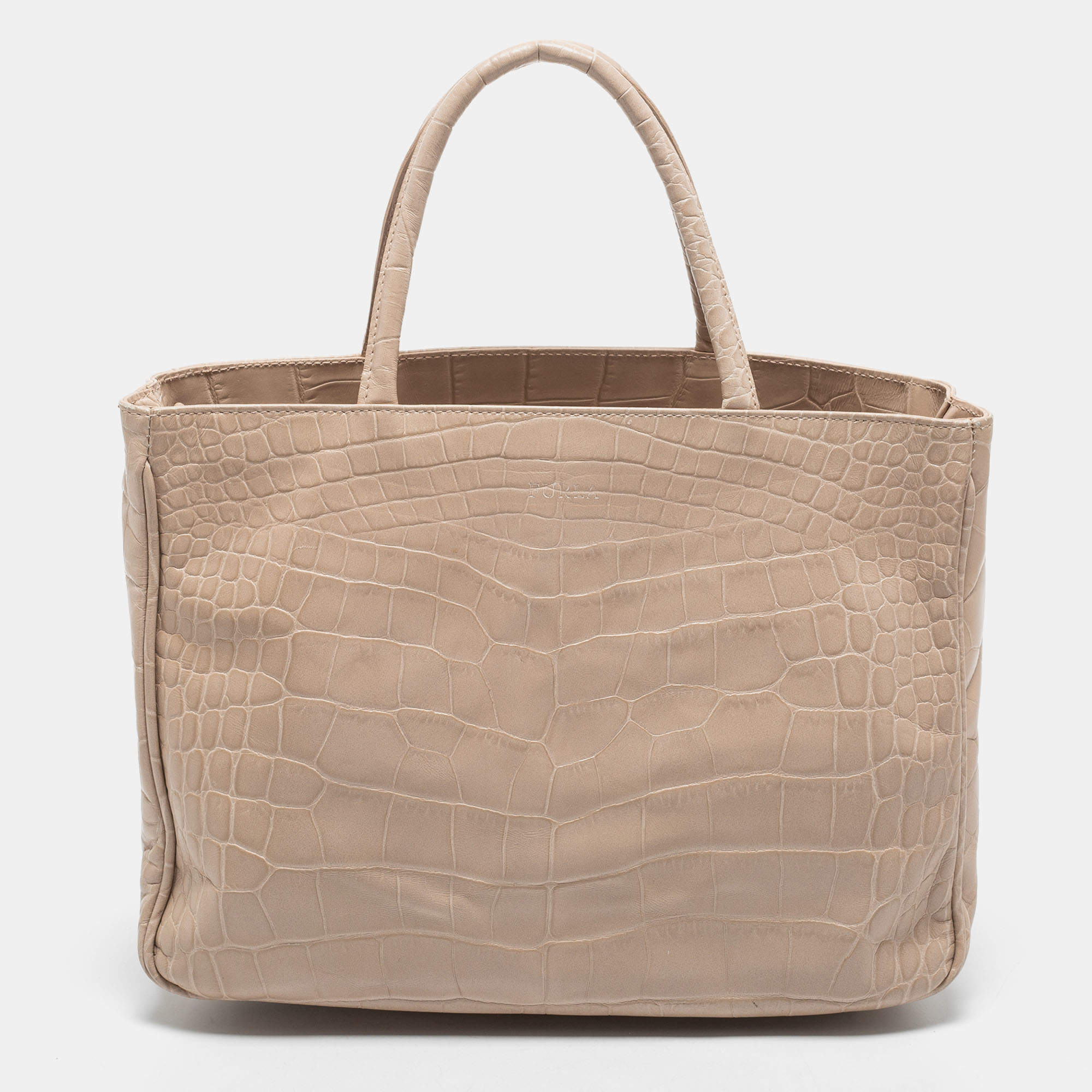Pre Owned Furla Beige Croc Embossed Leather Practica Tote 
