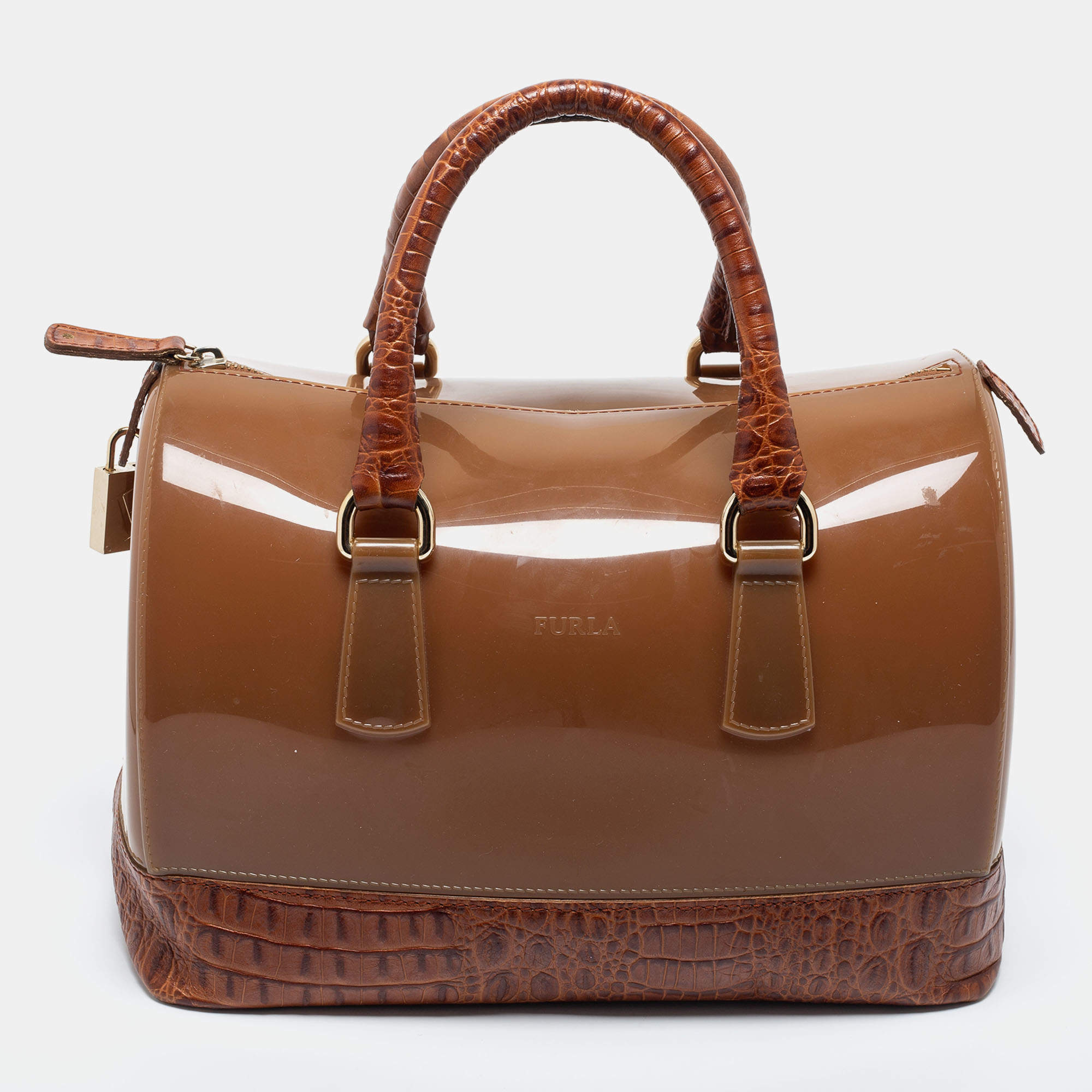 Pre Owned Furla Brown Embossed Leather and Rubber Medium Candy Satchel