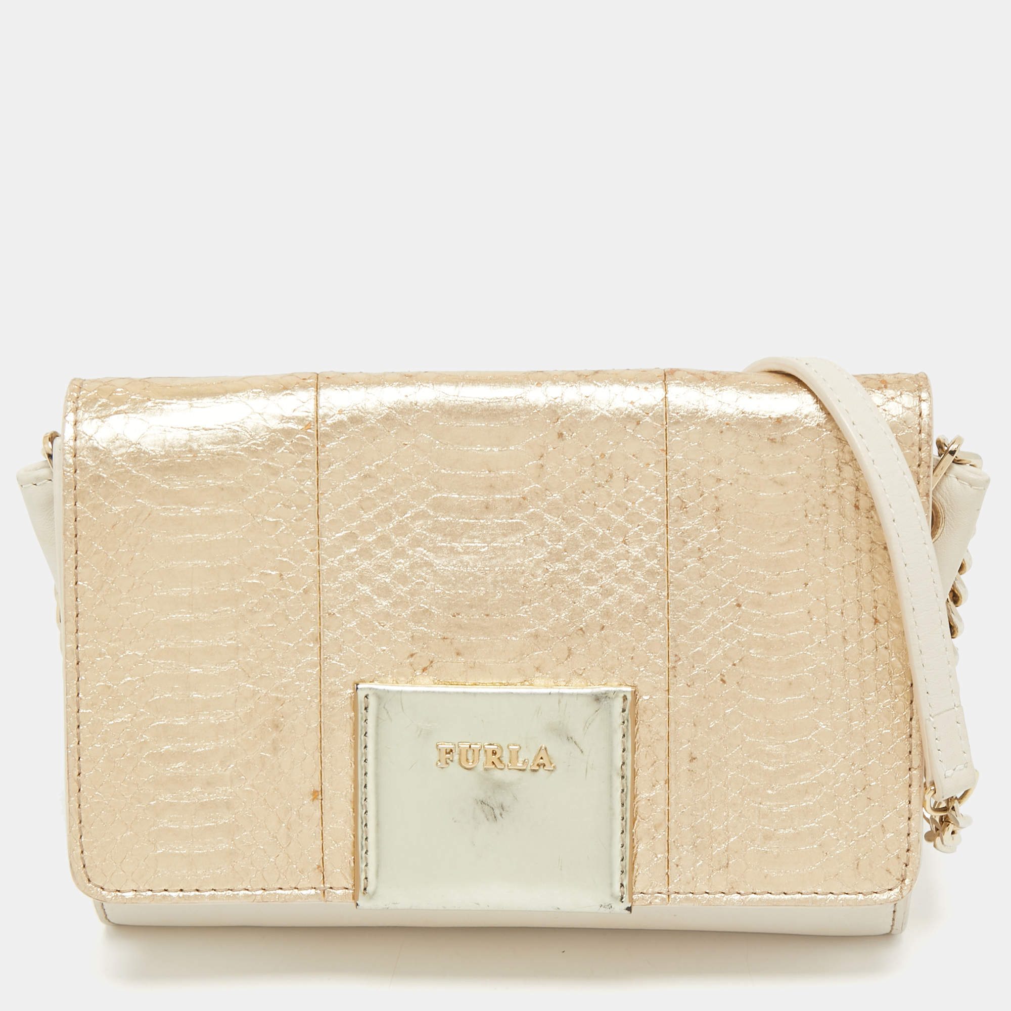 Furla Gold/Cream Leather and Python Embossed Leather Shoulder Bag