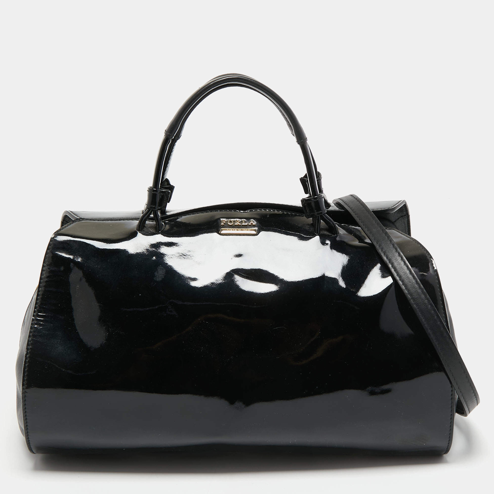 Pre Owned Furla Black Patent Leather Zip Satchel
