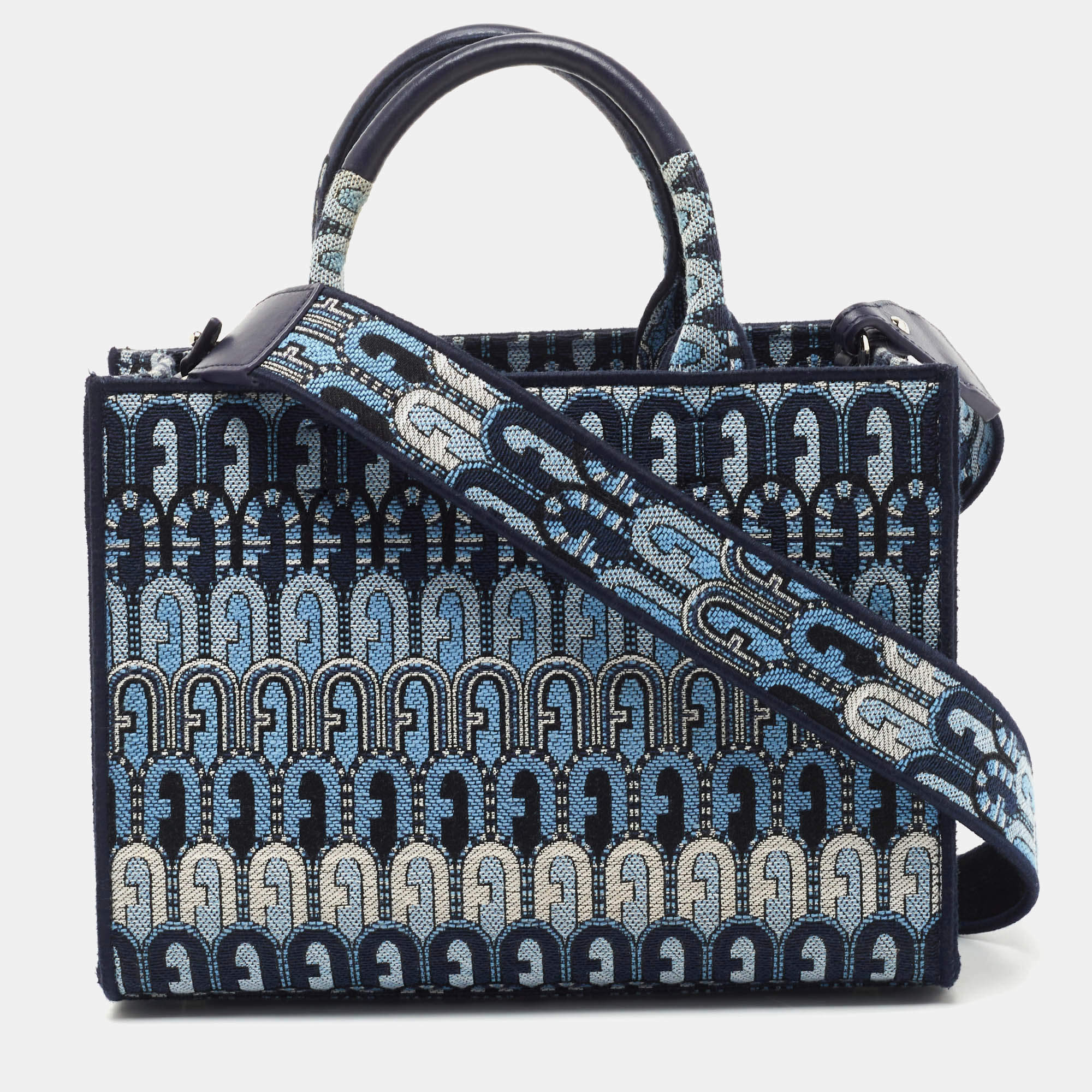 Pre Owned Furla Blue Printed Jacquard Small Opportunity Tote 