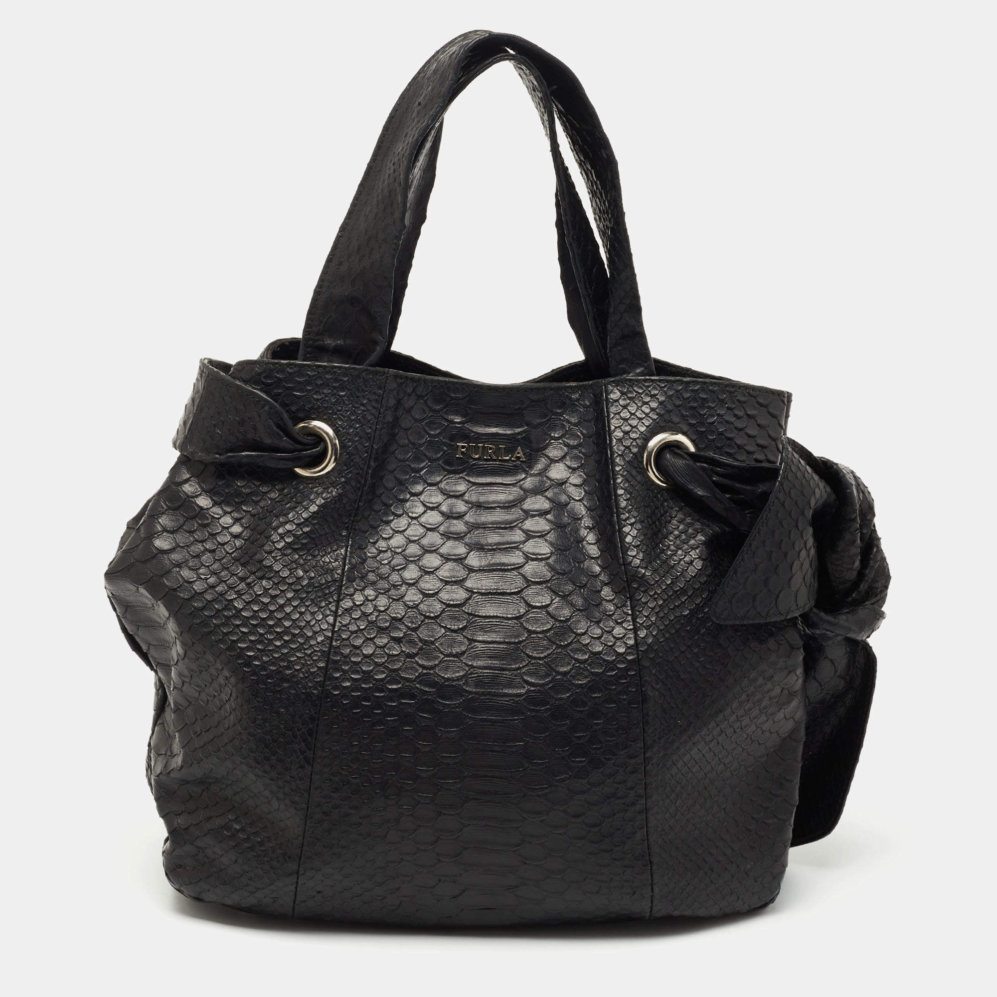 Pre Owned Furla Black Python Embossed Leather Side Bow Hobo