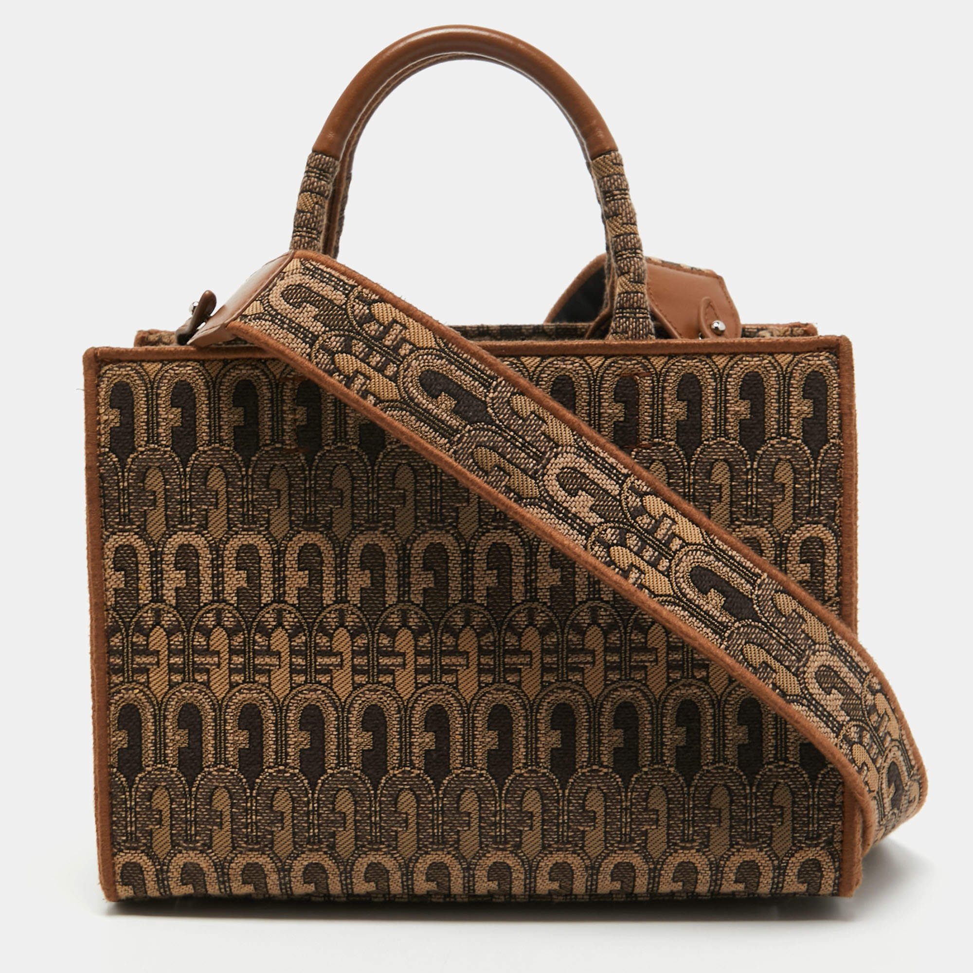 Pre Owned Furla Brown Jacquard Fabric Small Opportunity Tote