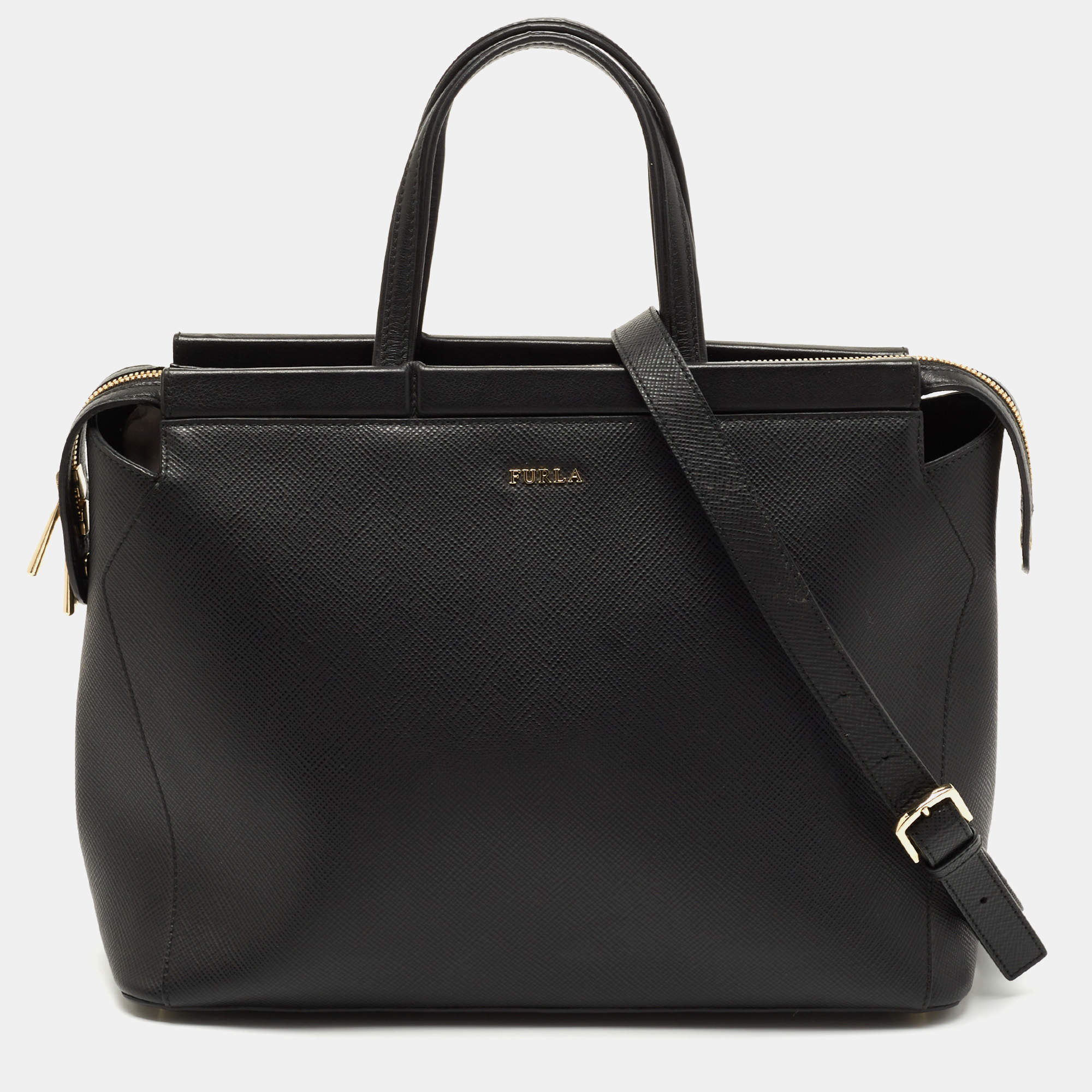 Pre Owned Furla Black Leather Top Zip Tote