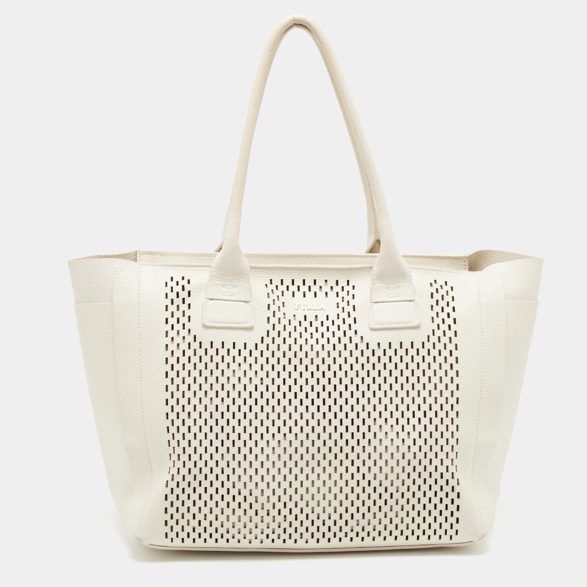 Pre Owned Furla Off White Leather Cut Out Capriccio Tote