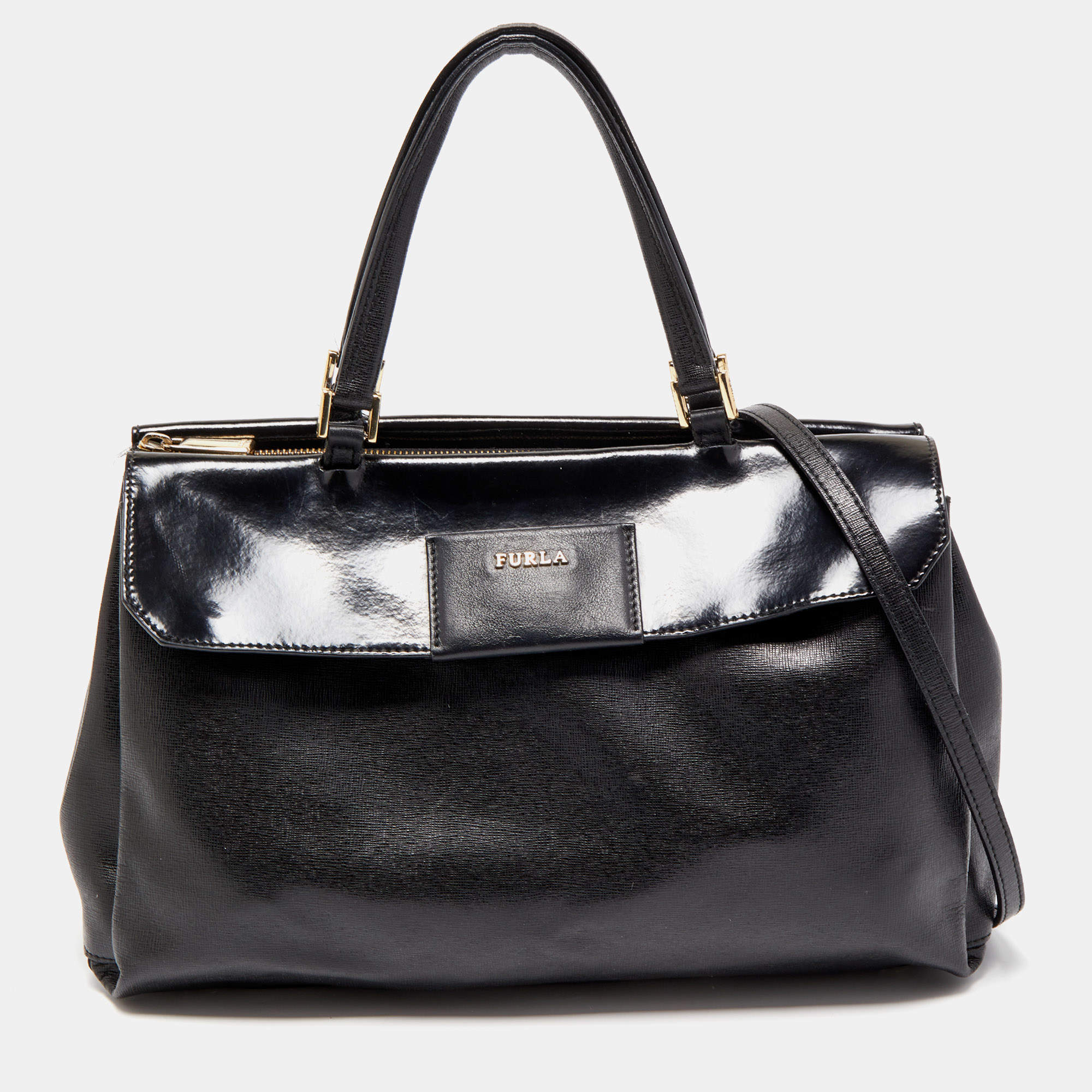 Furla Black Patent and Leather Top Handle Bag