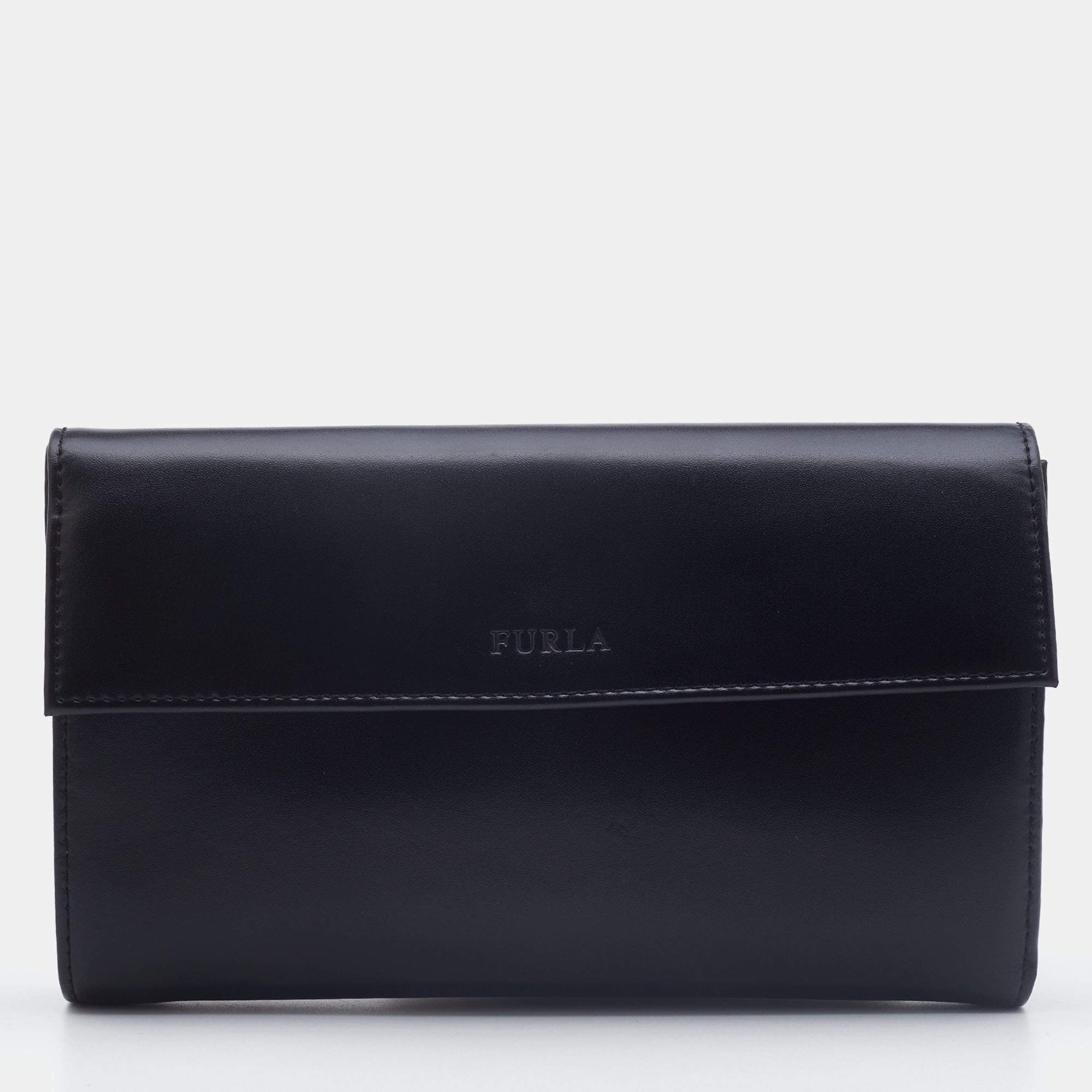 Pre Owned Furla Black Glossy Leather Logo Trifold Compact Wallet 