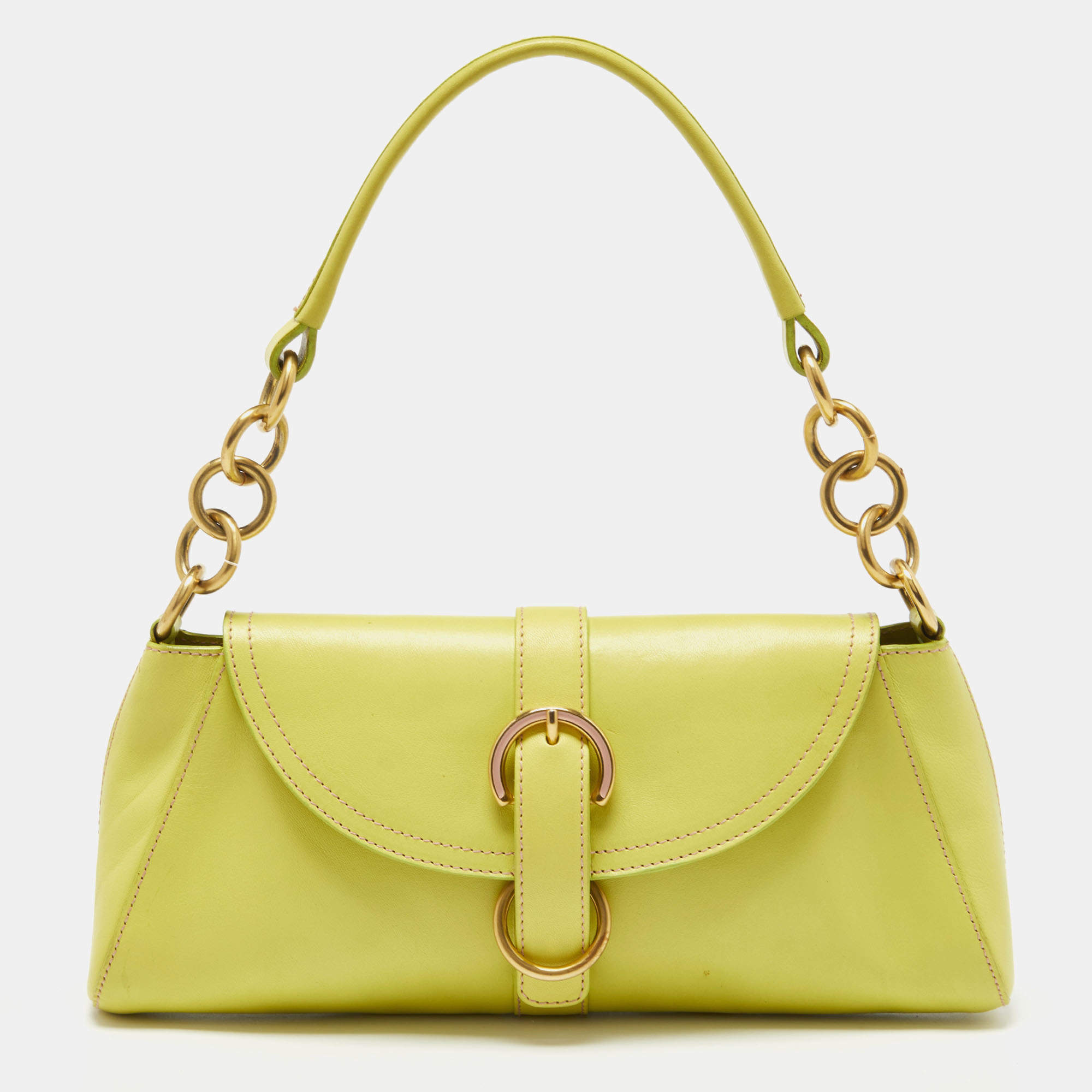 Pre Owned Furla Green Leather Flap Baguette Bag