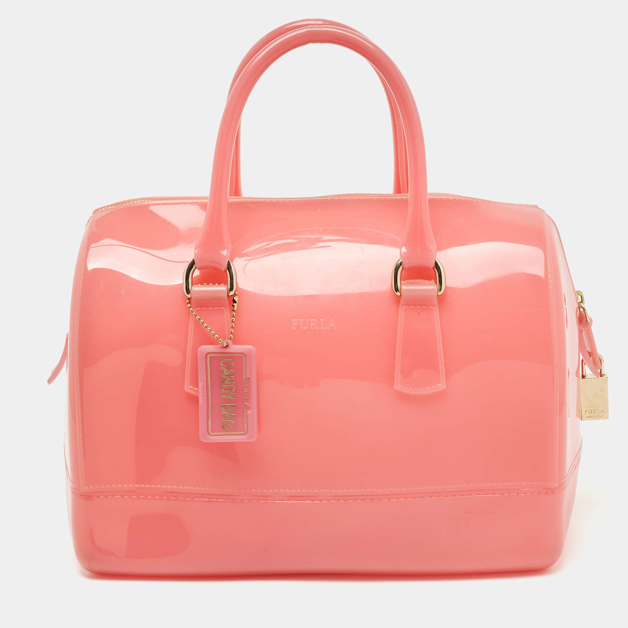 Pre Owned Furla Pink Rubber Medium Candy Satchel