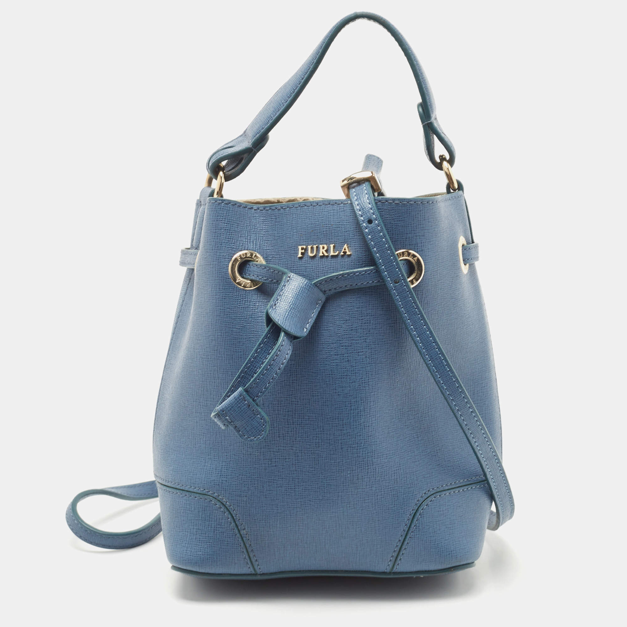Furla Blue Leather Mini Stacy Bucket Bag