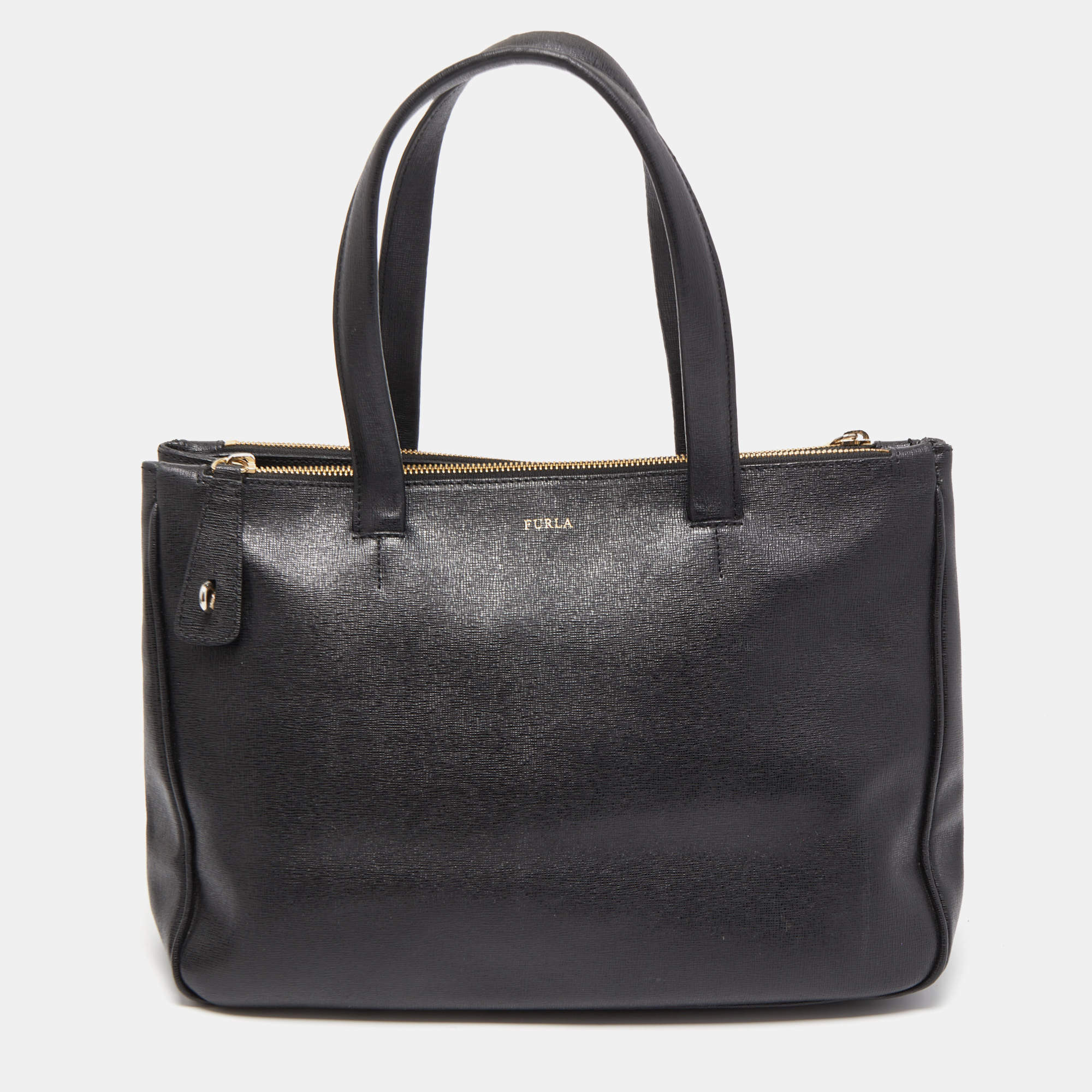 Pre Owned Furla Black Leather Double Zip Tote