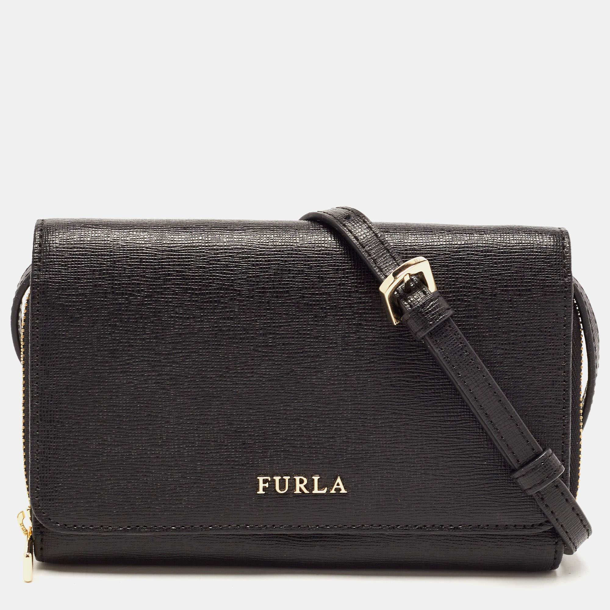 Pre Owned Furla Black Leather Logo Flap Wallet on Strap