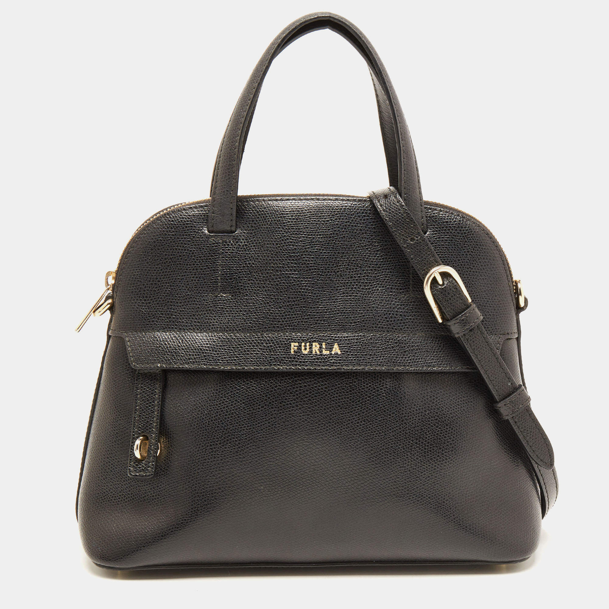 Pre Owned Furla Black Leather Small Piper Dome Satchel