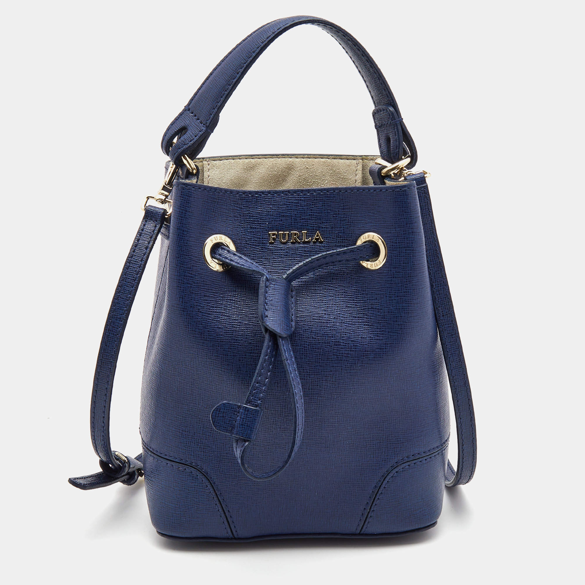 Pre Owned Furla Blue Leather Mini Stacy Drawstring Bucket Bag