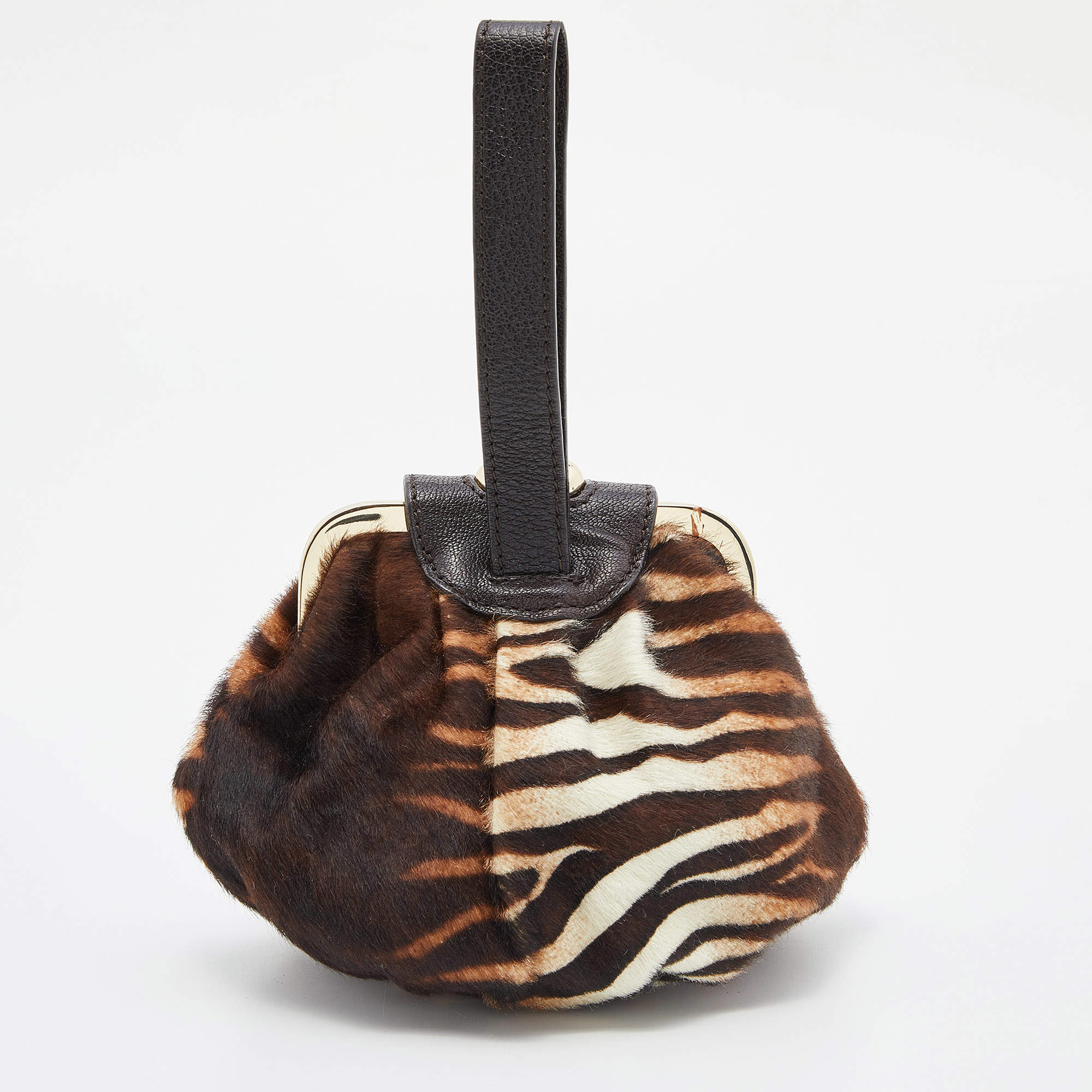 Furla Brown Calfhair and Leather Frame Wristlet Pouch