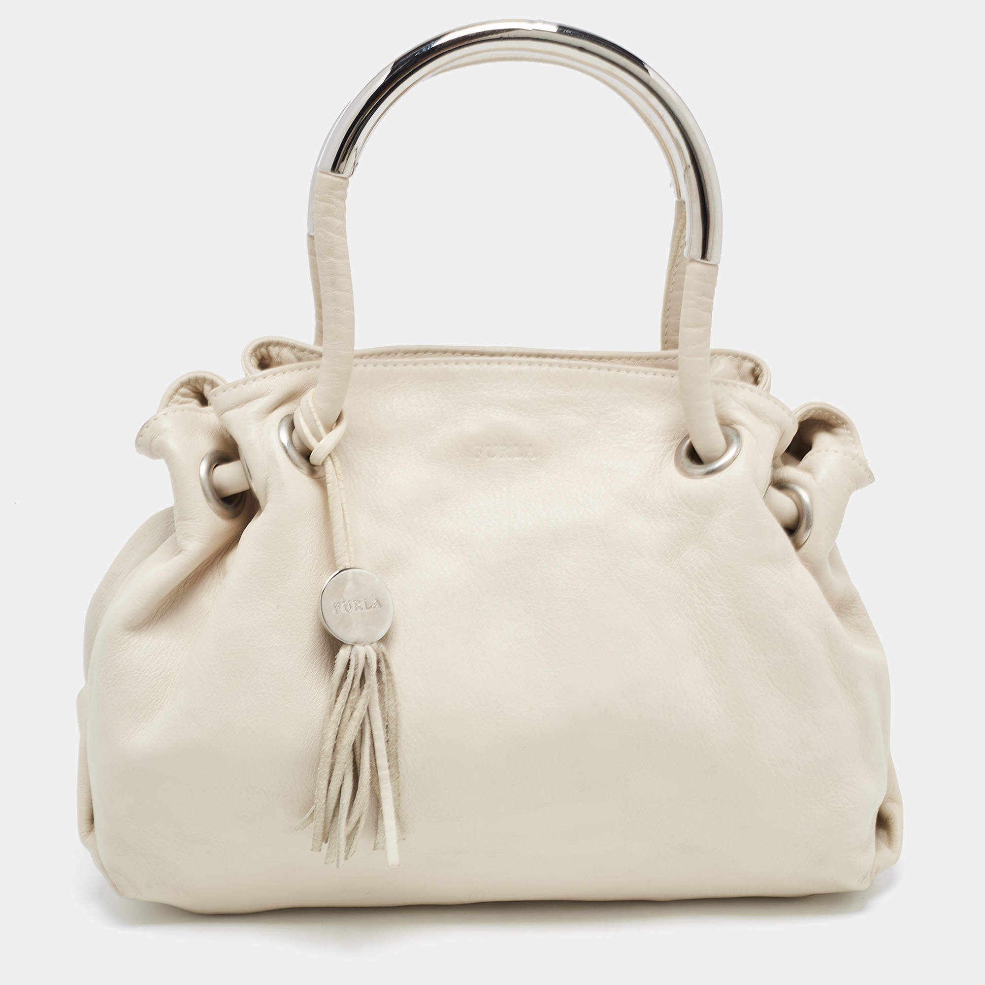 Furla Off White Leather Metal Handle Bag