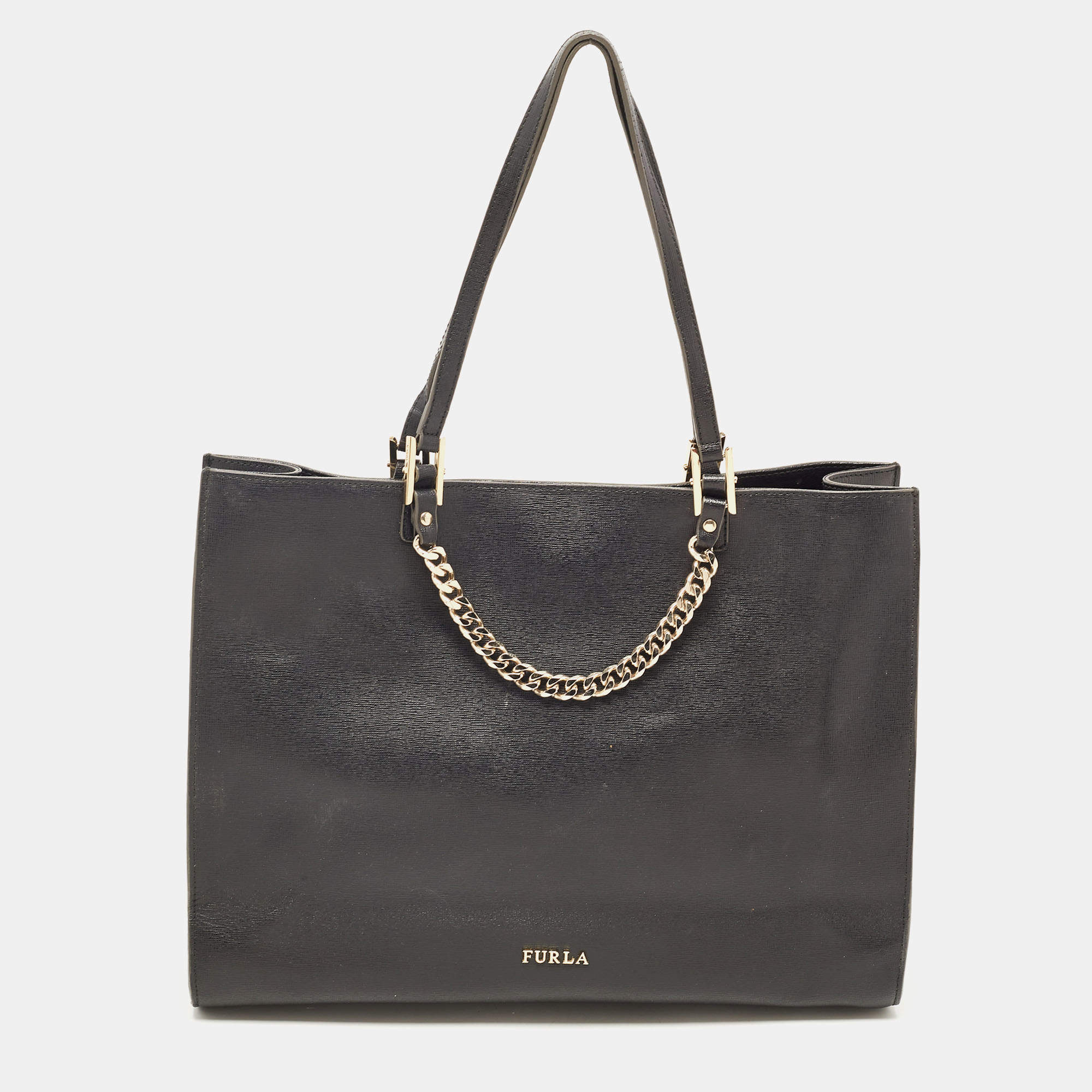 Furls Black Leather Chain Link Shopper Tote 