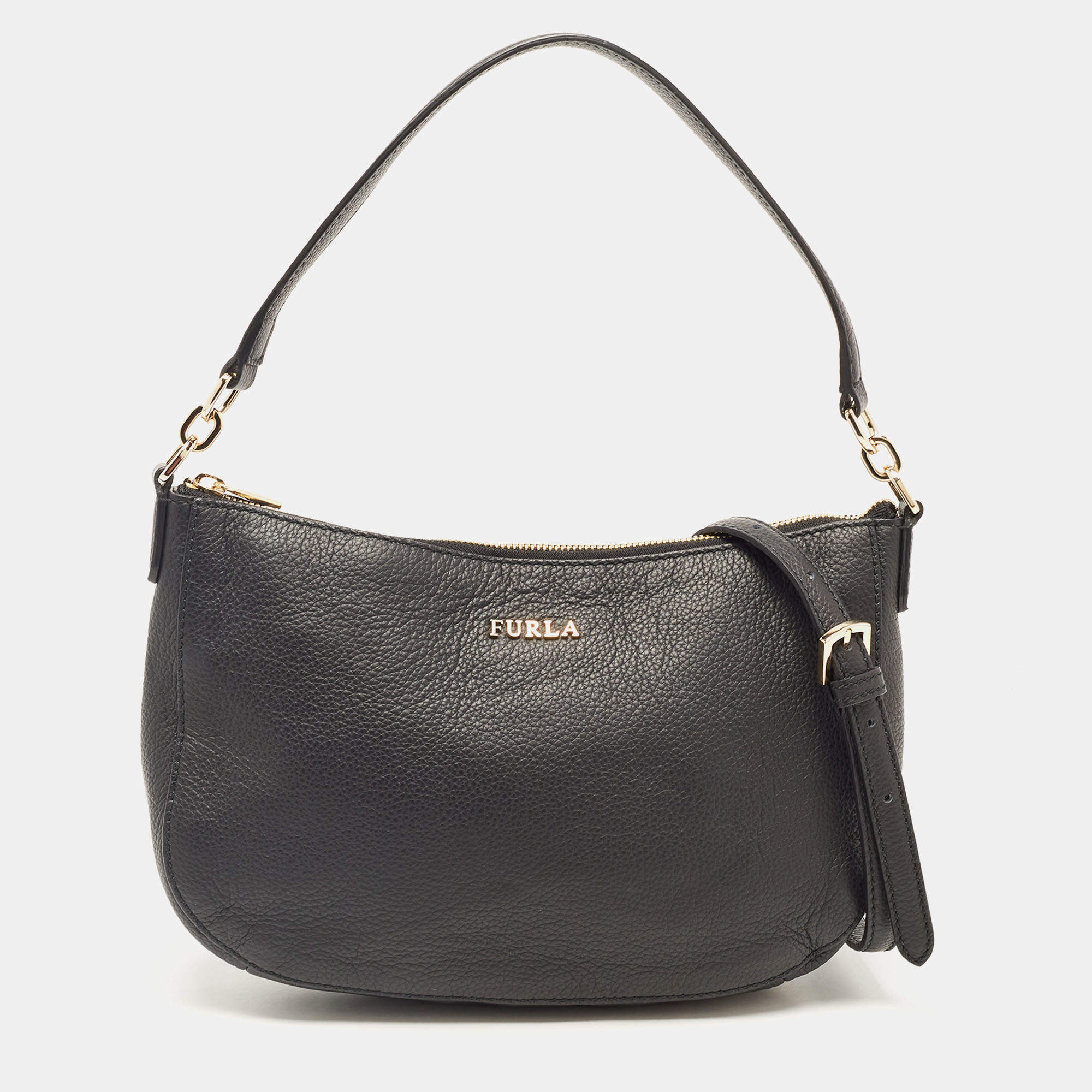 Pre Owned Furla Black Leather Zip Crossbody Bag