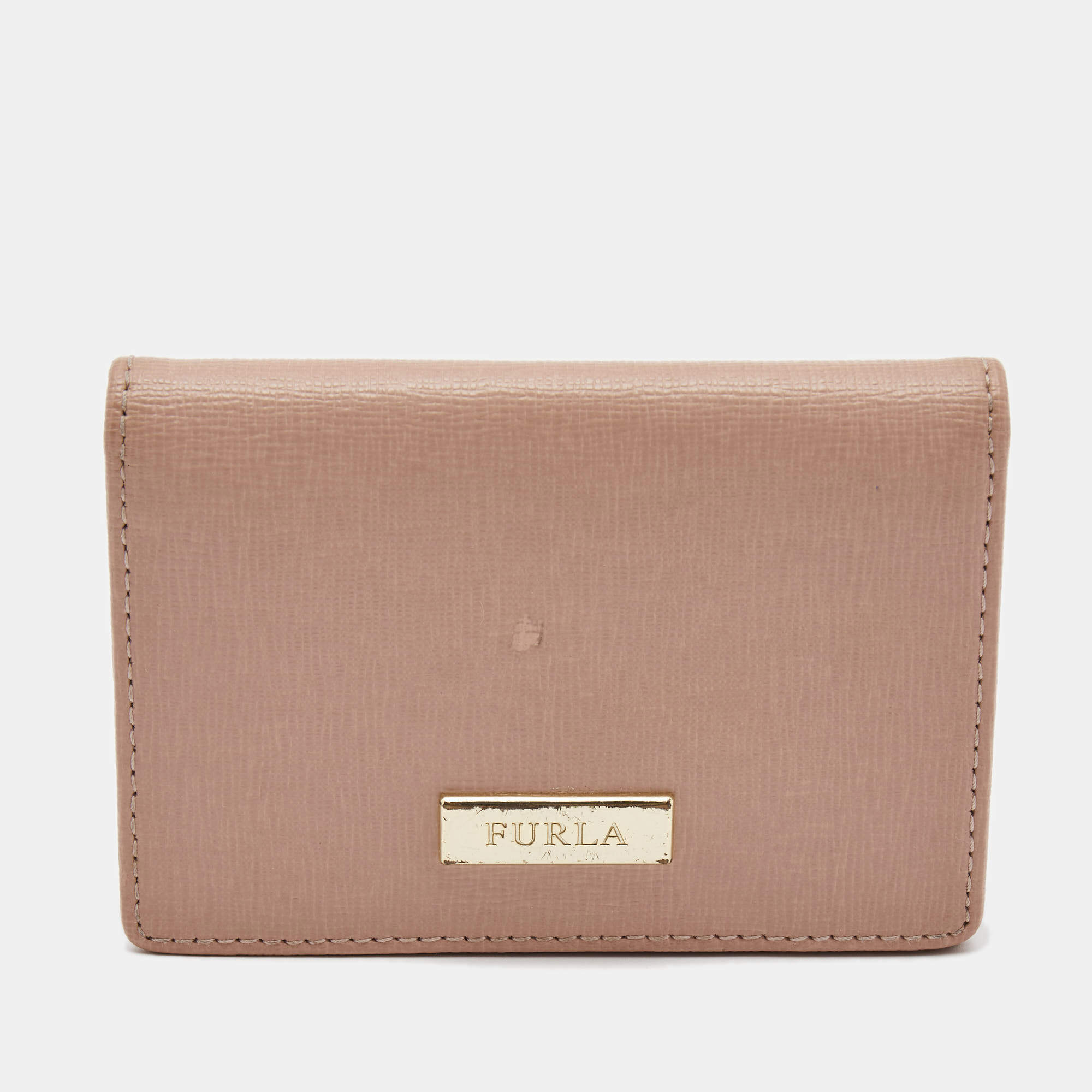 Pre Owned Furla Pink Leather Logo Flap Card Case
