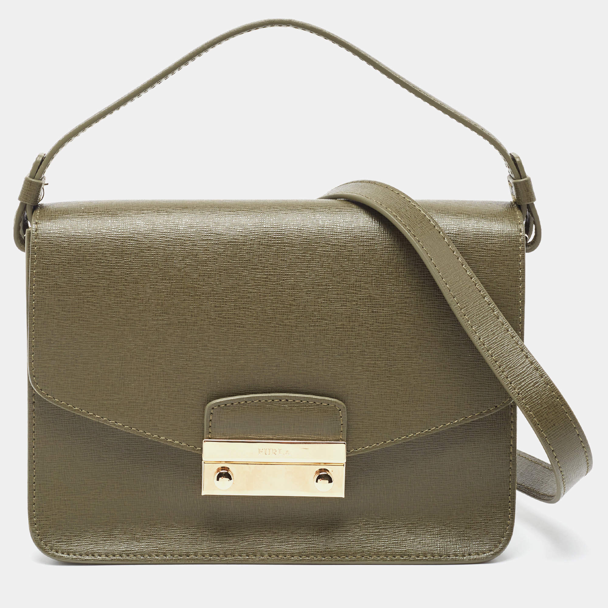 Pre Owned Furla Olive Green Leather Small Metropolis Crossbody Bag