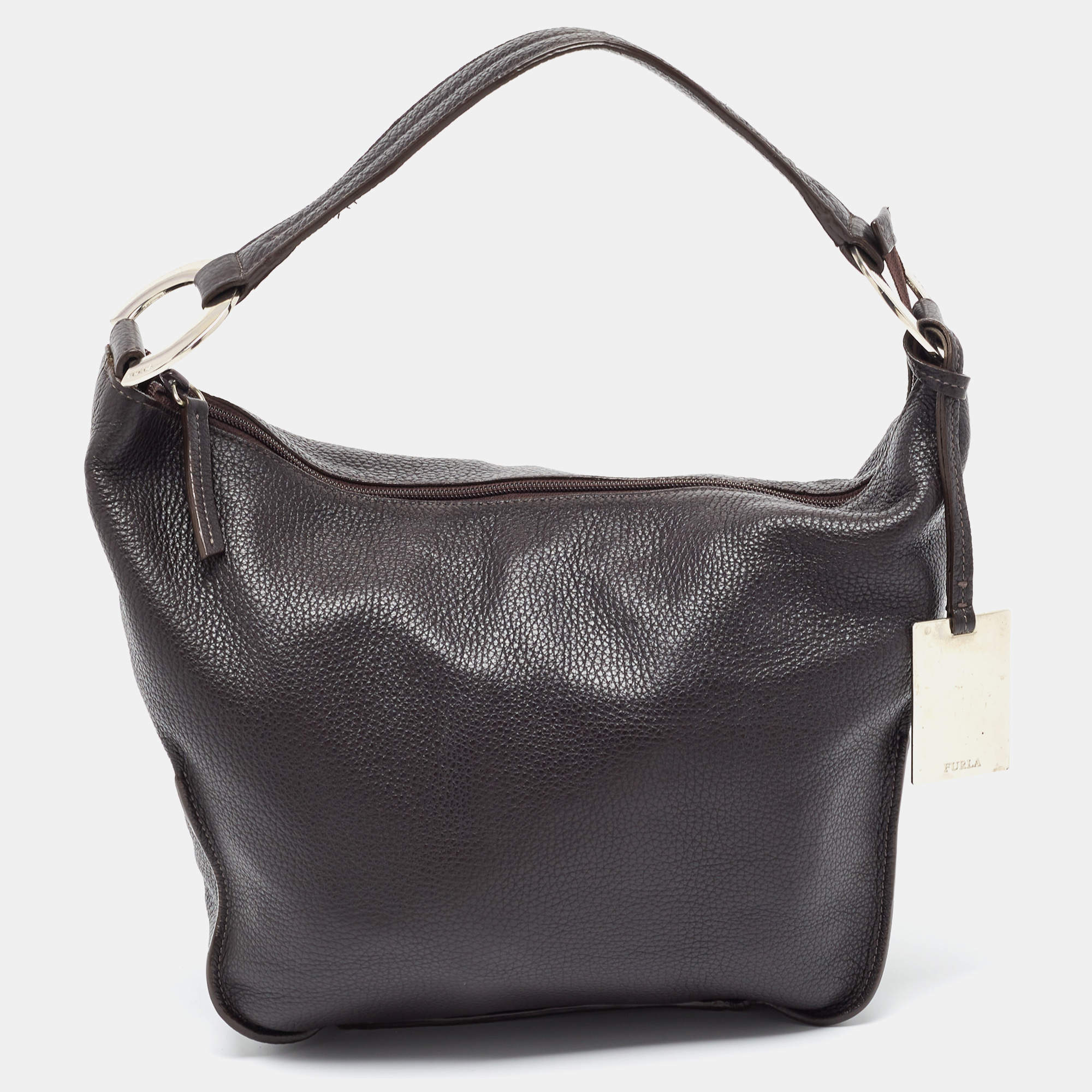 Furla Dark Brown Grained Leather Ring Handle Hobo