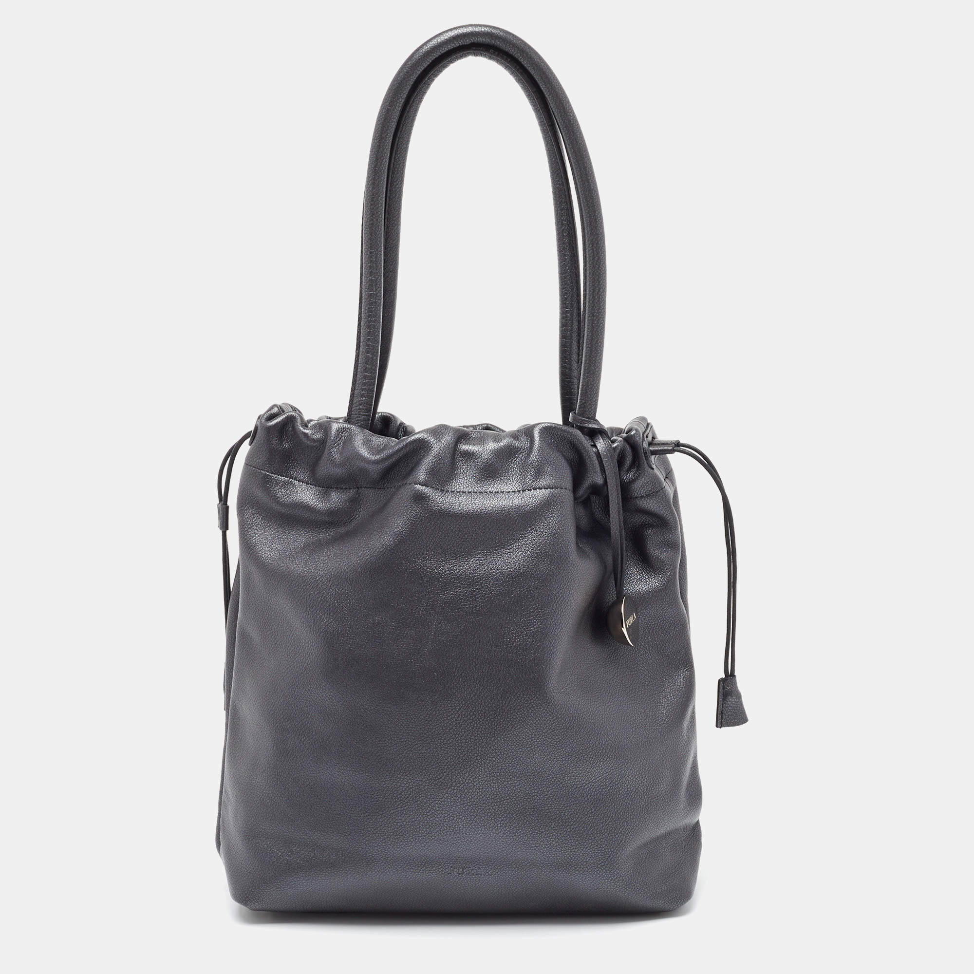 Furla Metallic Dark Grey Leather Drawstring  Tote