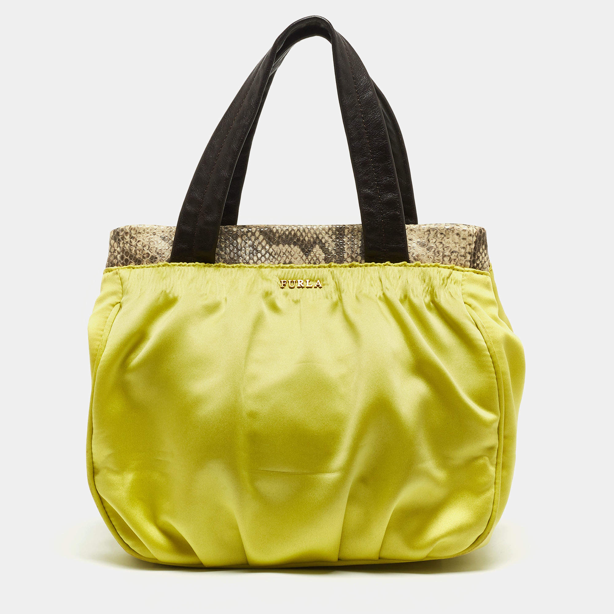 Furla Neon Yellow/Brown Satin And Snakeskin Embossed Leather Tote