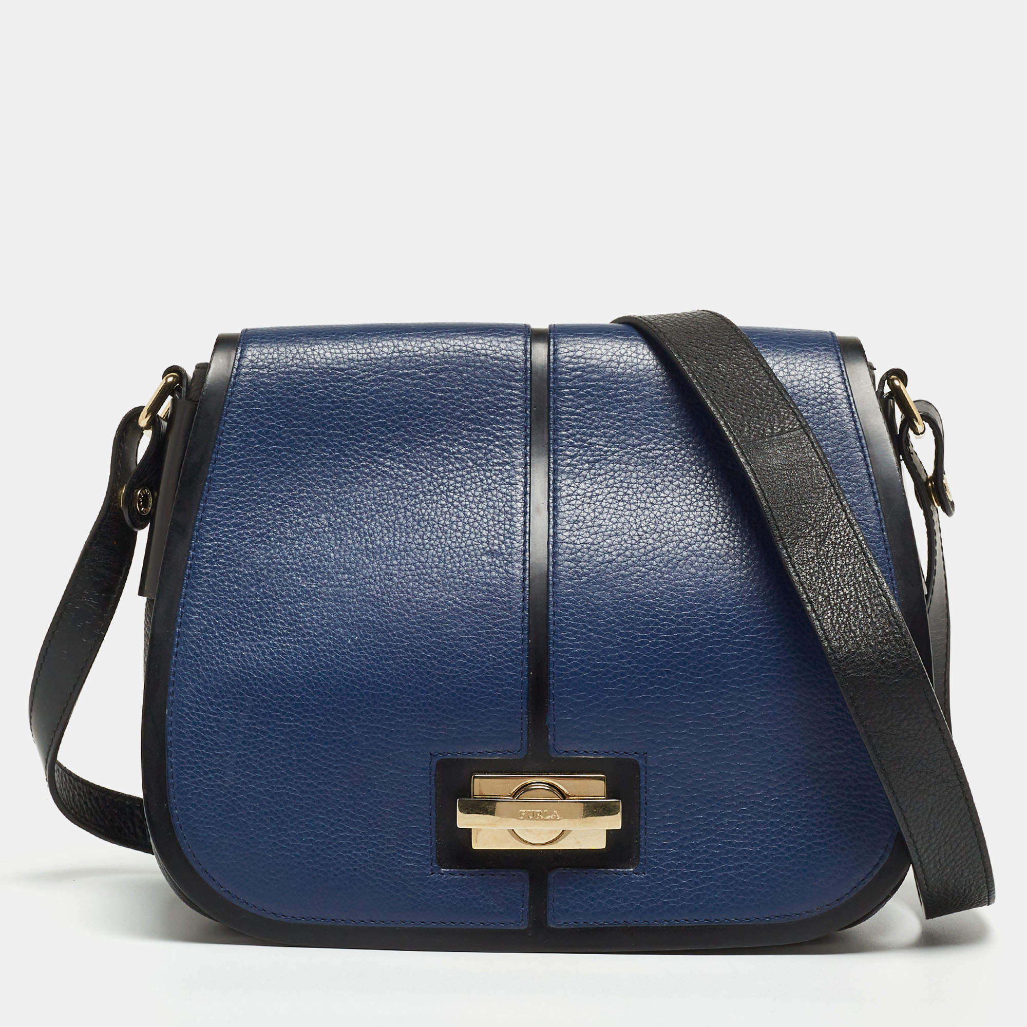 مملوكة مسبقًا Furla Black/Blue Leather Flap Shoulder Bag