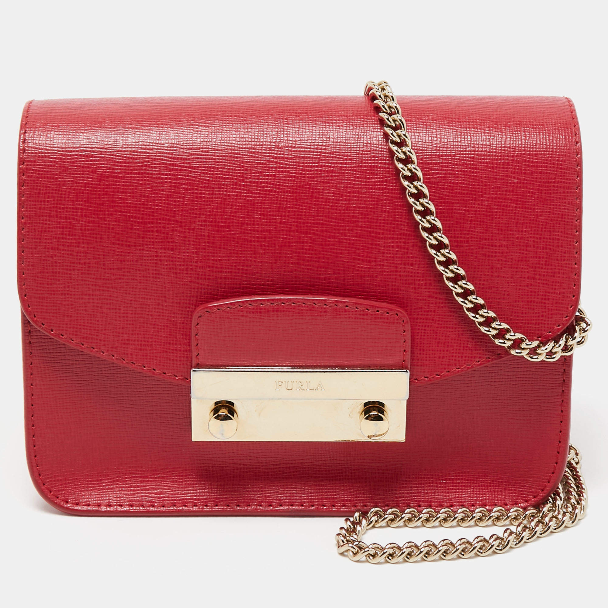 Pre Owned Furla Red Leather Mini Metropolis Crossbody Bag