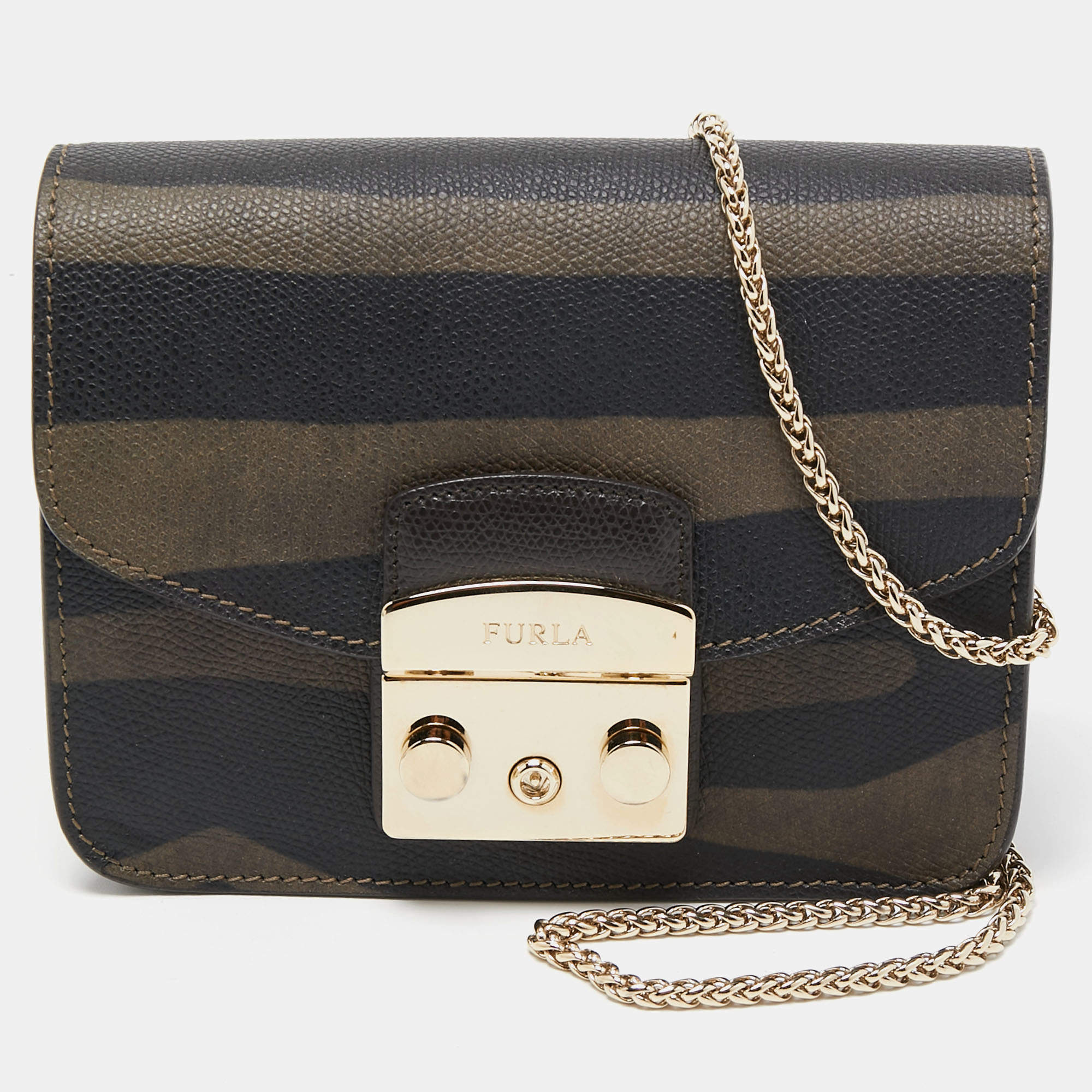 Pre Owned Furla Black/Olive Green Leather Mini Metropolis Crossbody Bag