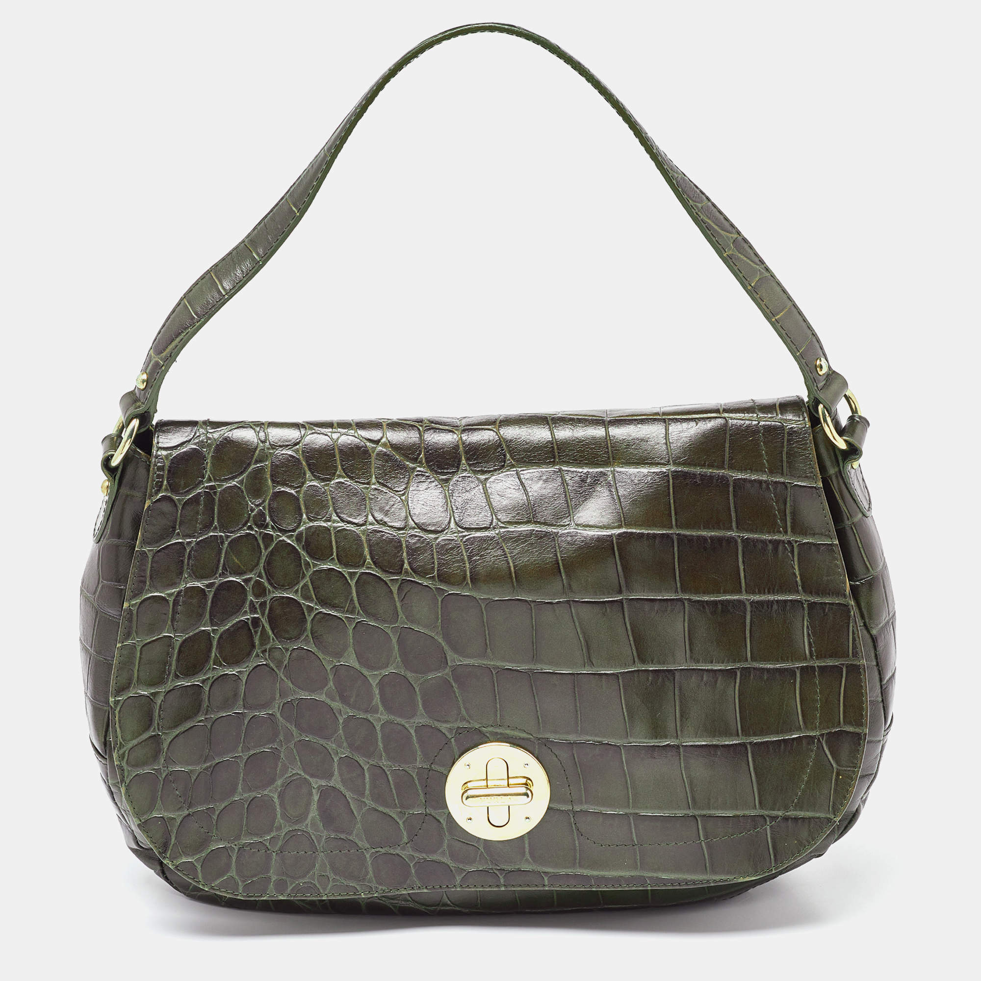 Pre Owned Furla Olive Green Croc Embossed Leather Flap Hobo