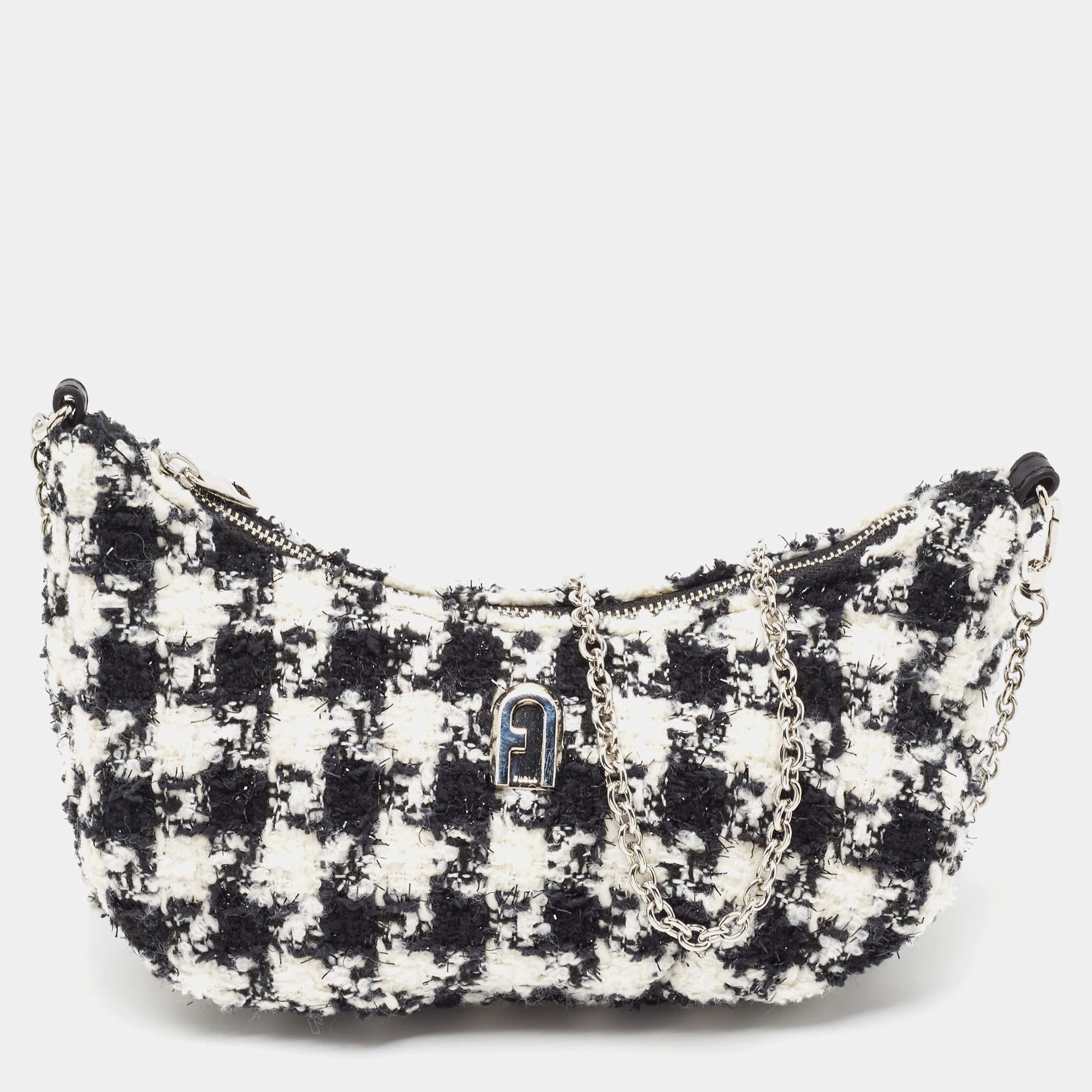 Pre Owned Furla White/Black Tweed Crossbody Bag