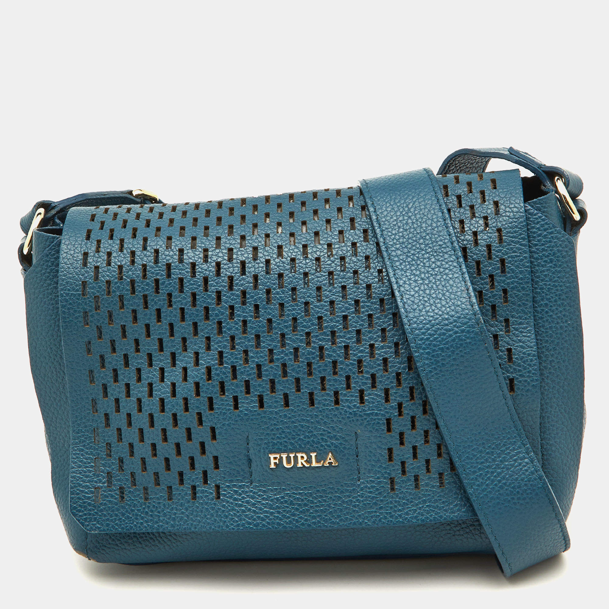 Pre Owned Furla Blue Cut Out Leather Flap Crossbody Bag