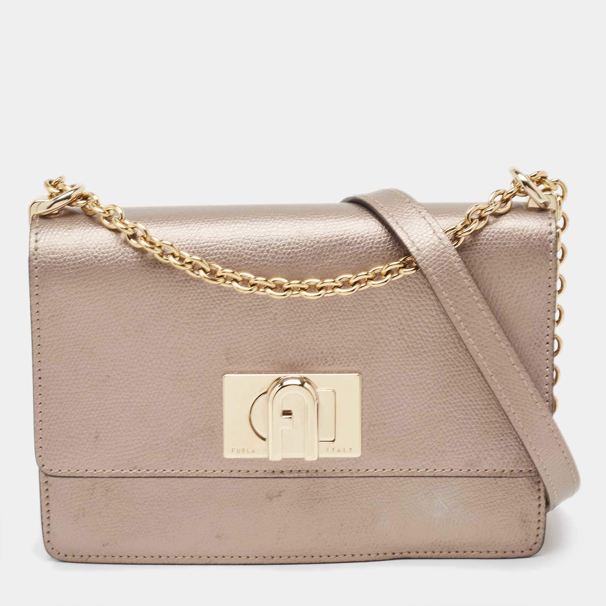 Furla Metallic Grey Leather 1927 Chain Shoulder Bag