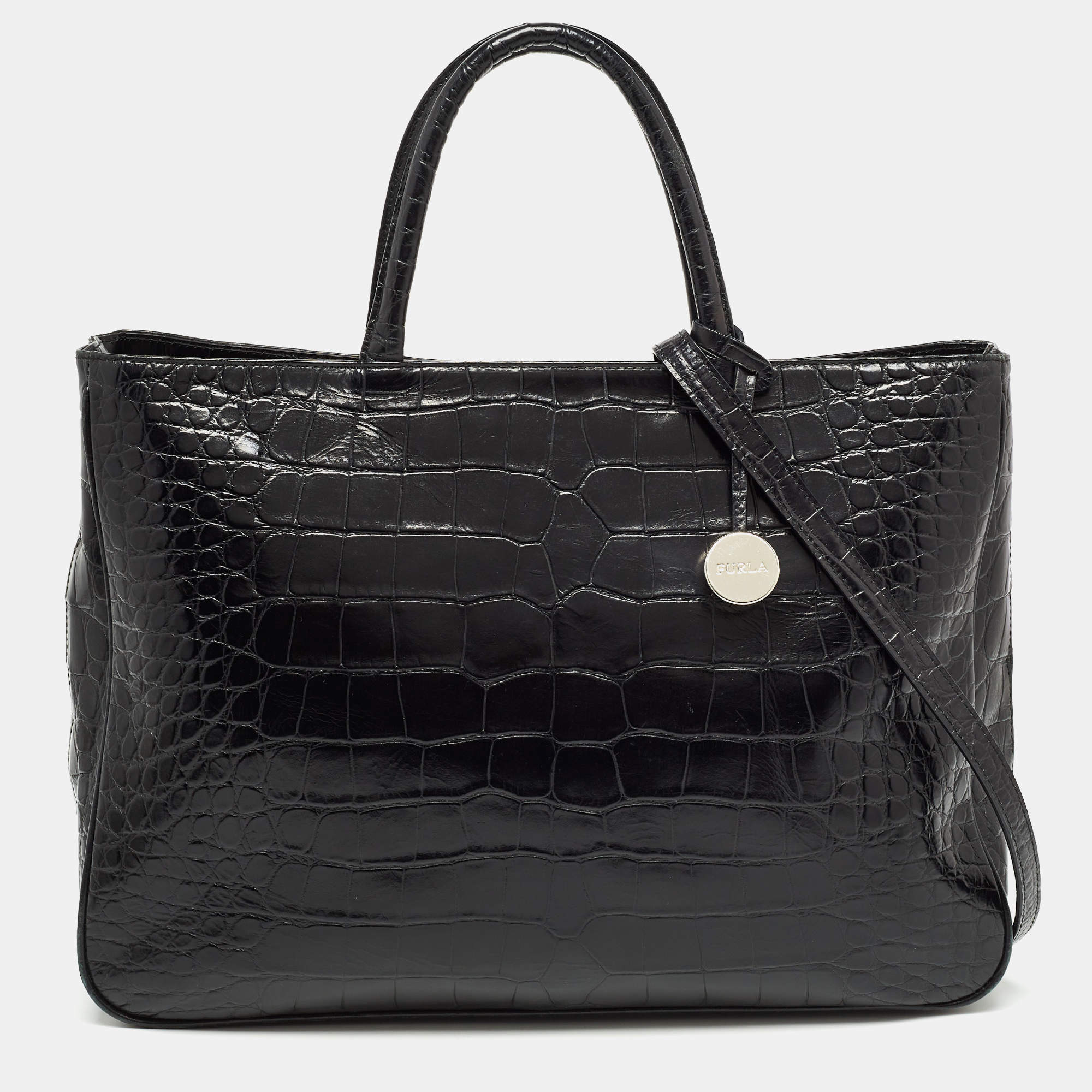 Pre Owned Furla Black Croc Embossed Leather Zip Tote