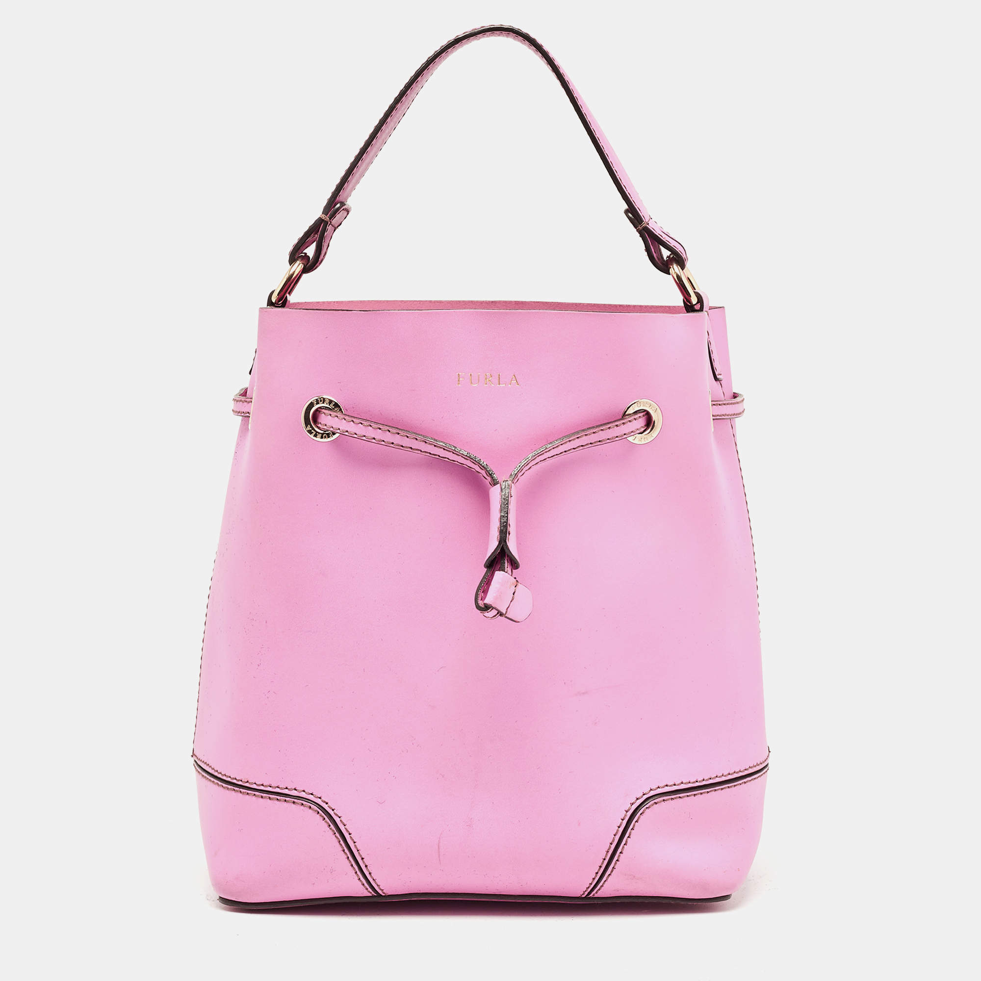 Furla Pink Leather Stacy Drawstring Bucket Bag
