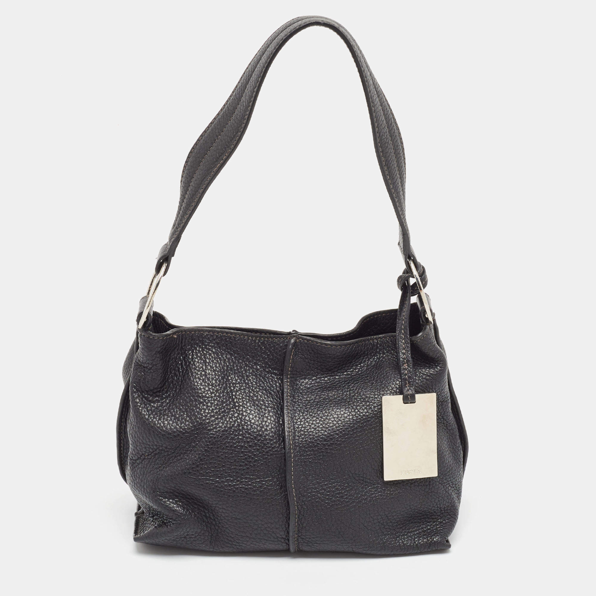 Furla Black Leather Ring Handle Baguette Bag