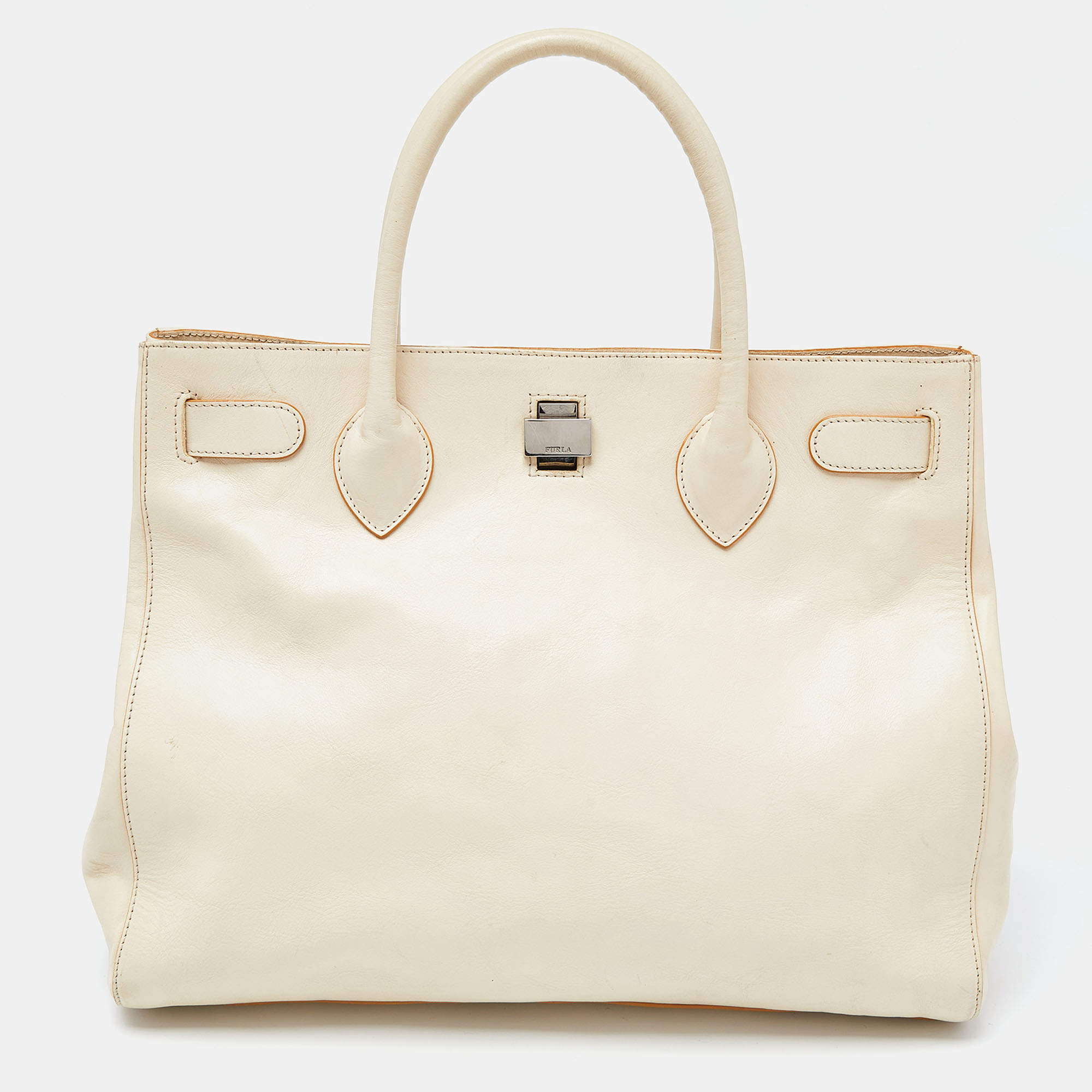 Furla Cream Leather Twist Lock Tote