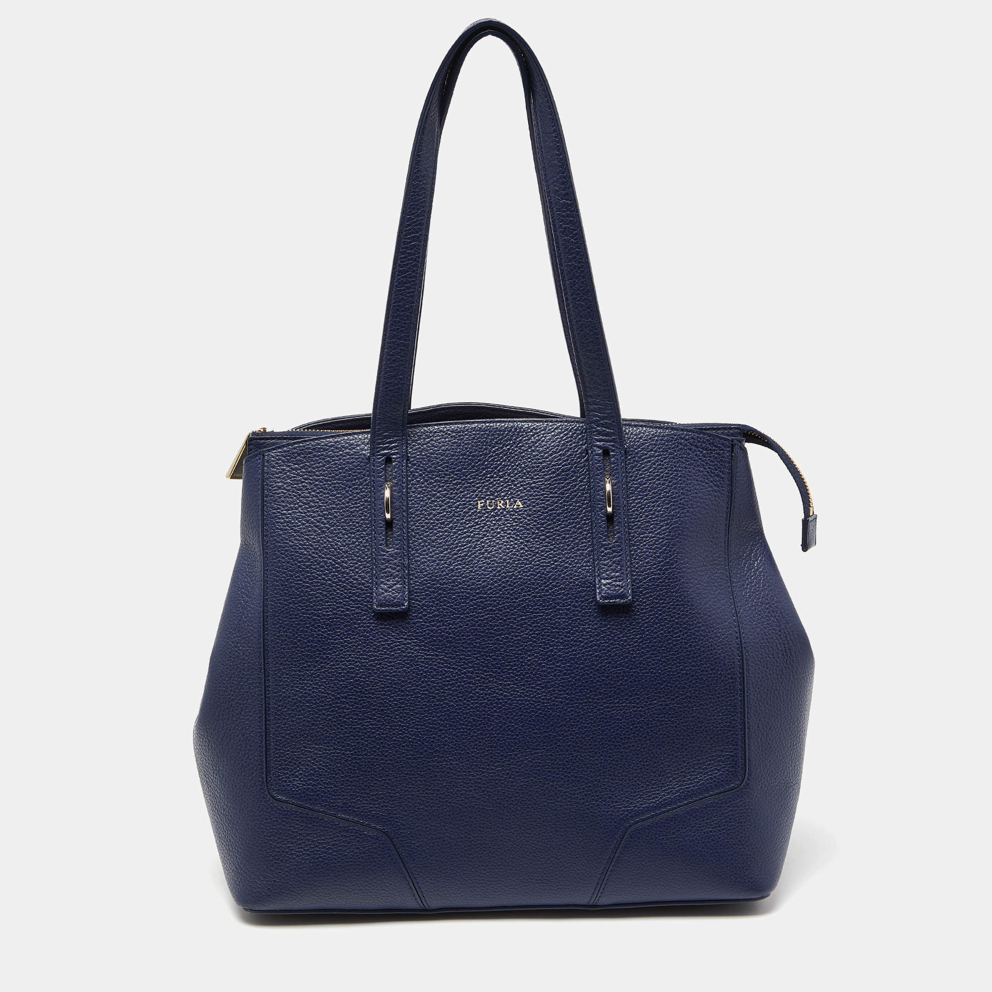 Pre Owned Furla Navy Blue Leather Top Zip Satchel