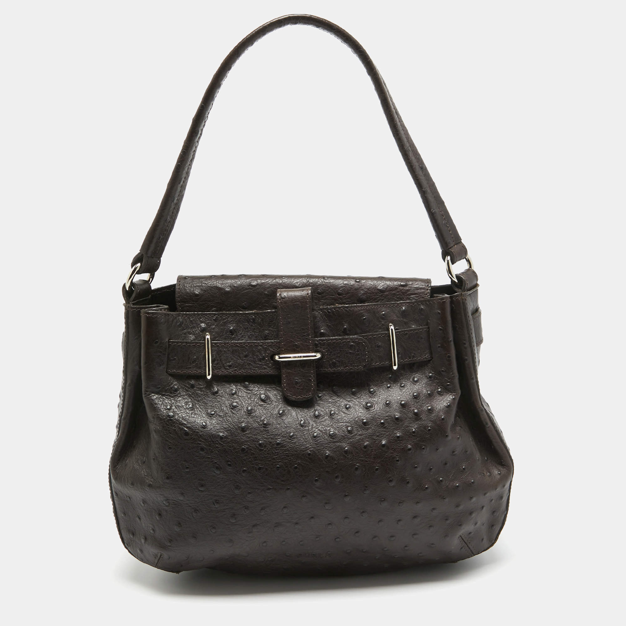 Pre Owned Furla Dark Brown Ostrich Leather Greta Bag