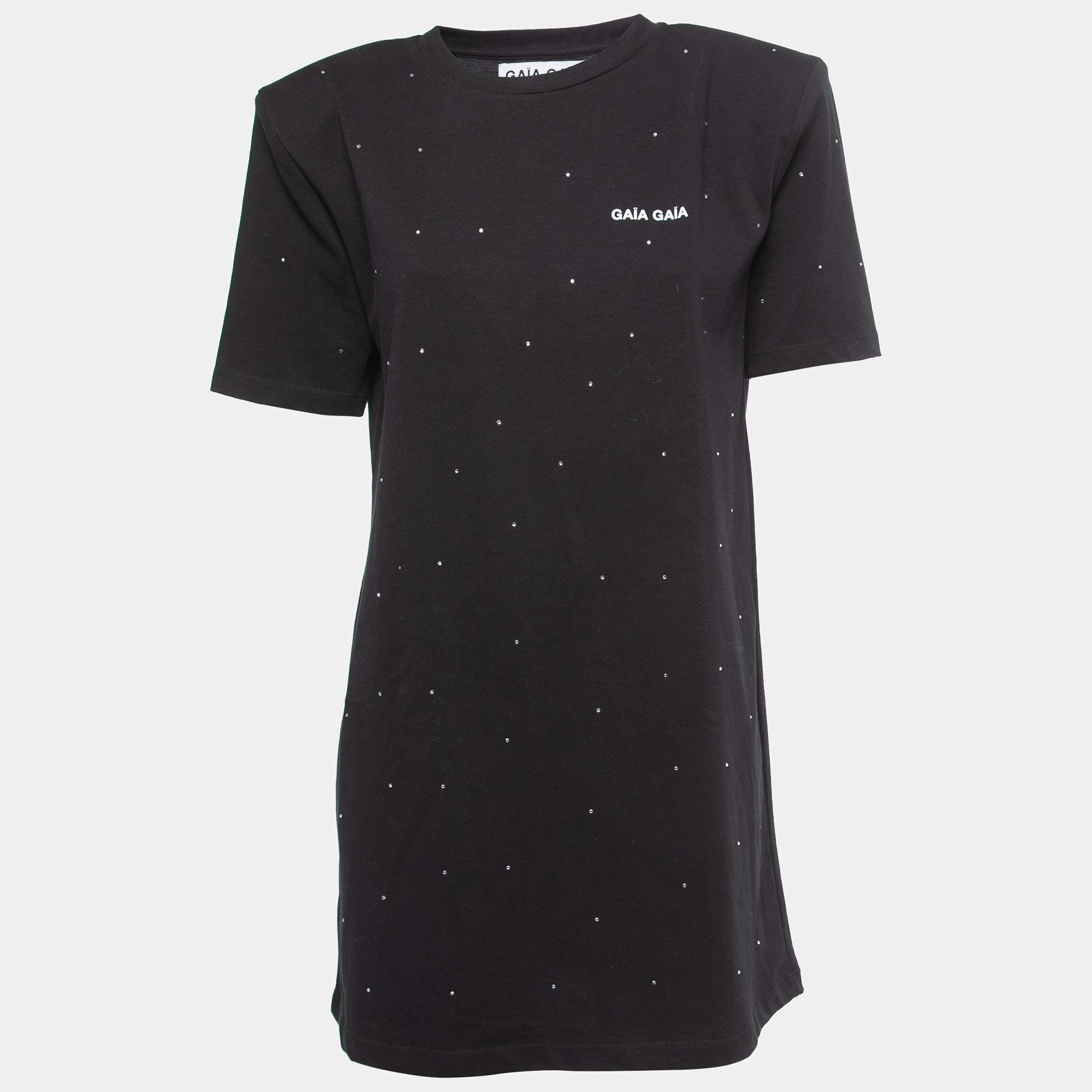 Pre Owned Gaia Gaia Black Cotton Rhinestone Embellished Hemera T-Shirt Dress S