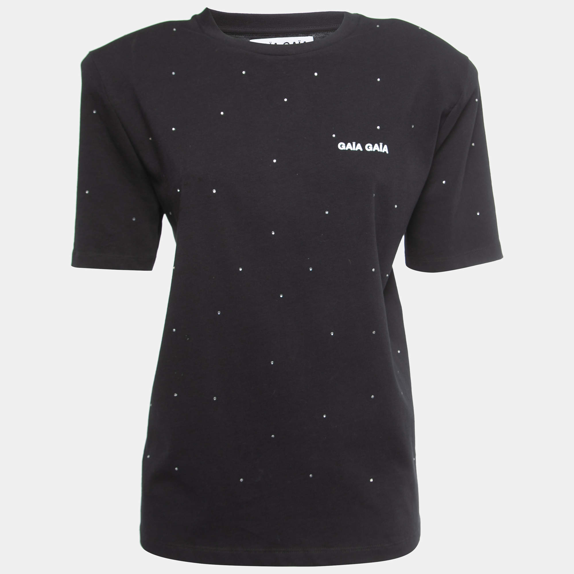 Gaia Gaia Black Cotton Rhinestone Embellished Yara T-Shirt S