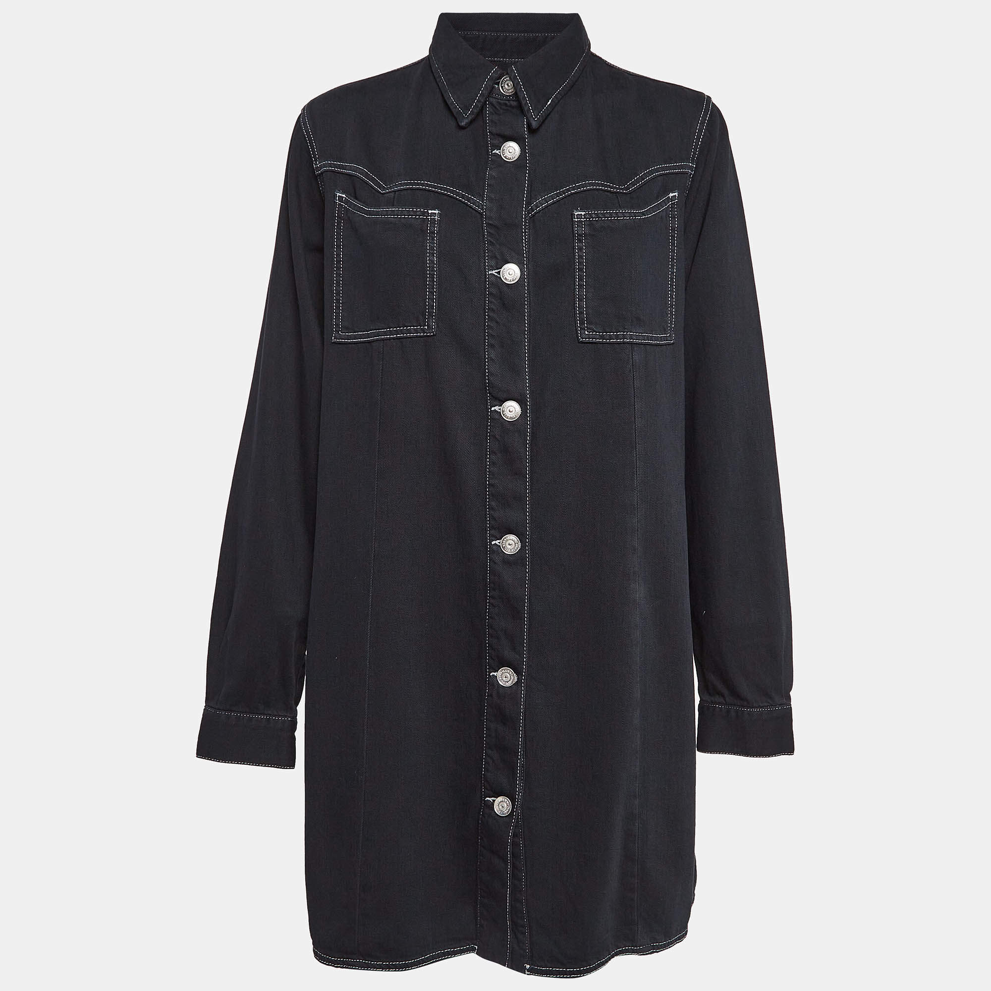 Pre Owned Ganni Black Washed Kress Soft Denim Mini Shirt Dress M