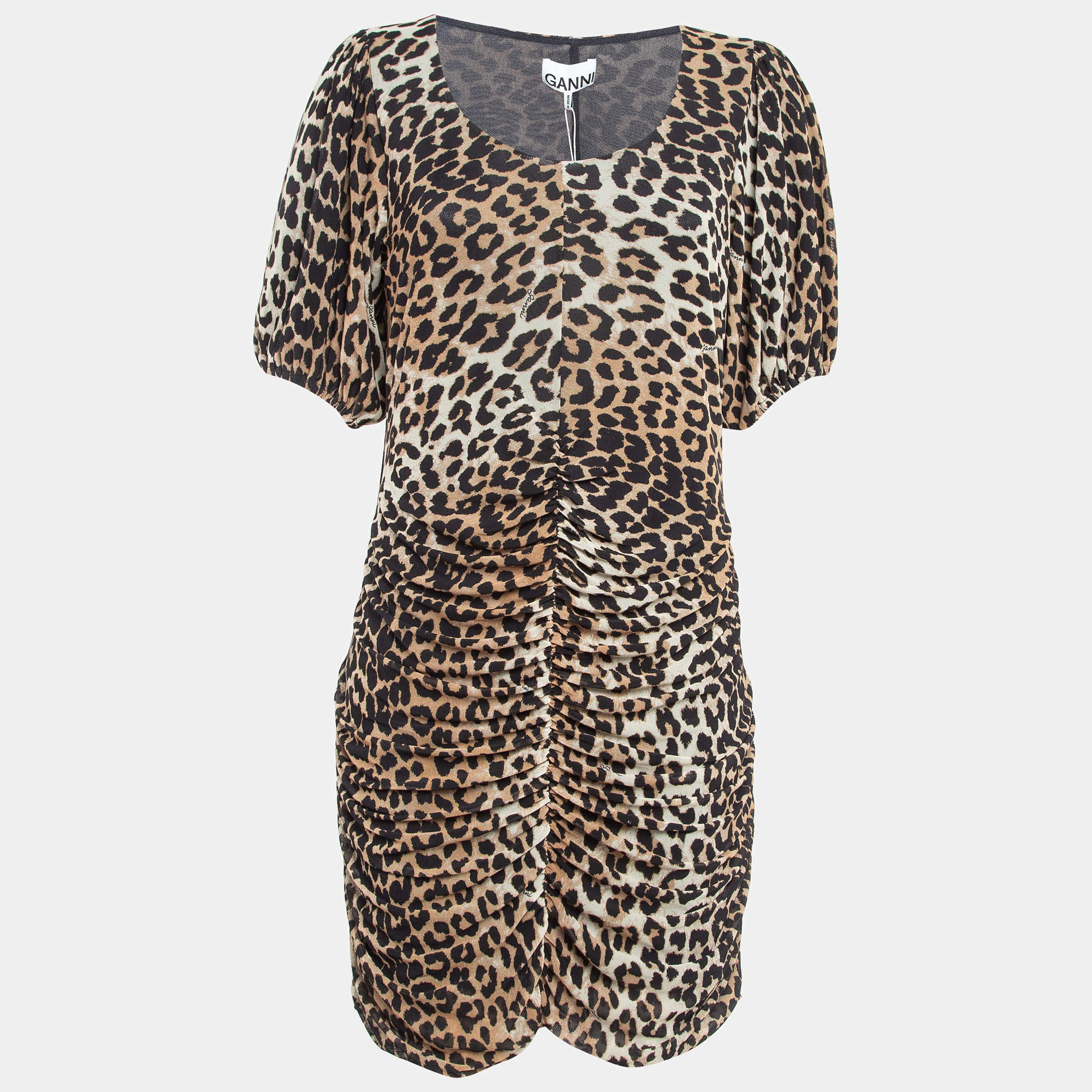 Ganni Brown Brown Leopard Print Jersey Mesh Ruched Mini Dress L