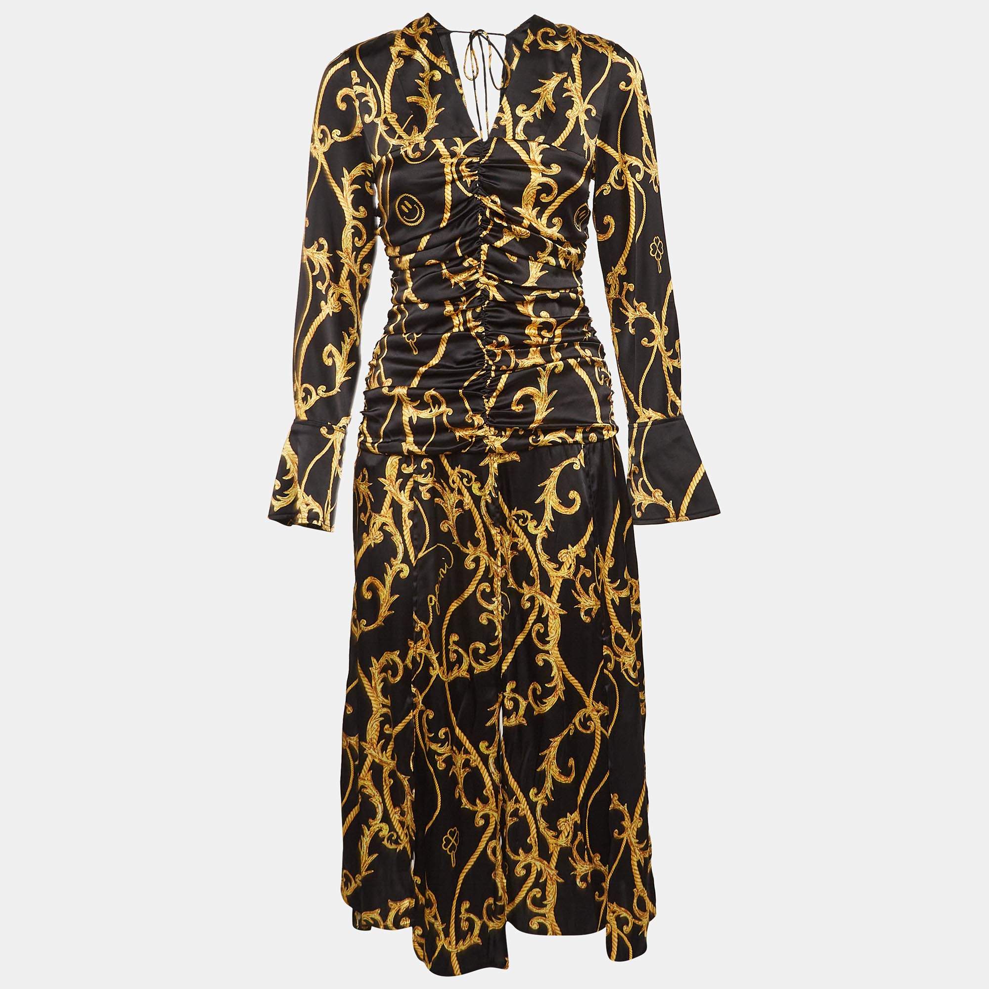 Pre Owned Ganni Black Printed Stretch Satin Ruched Midi Dress S