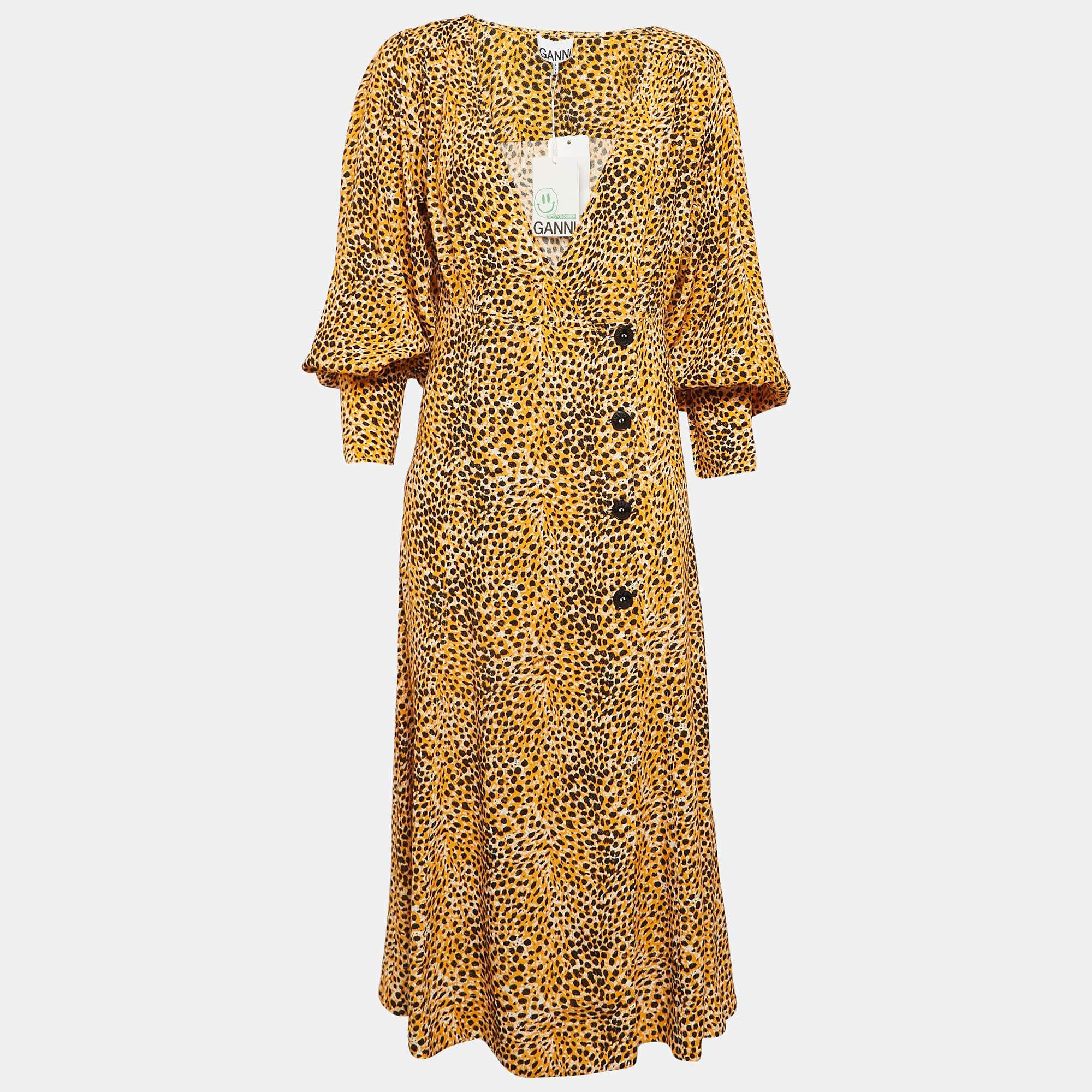 Ganni Yellow Leopard Print Crepe Buttoned Midi Dress M