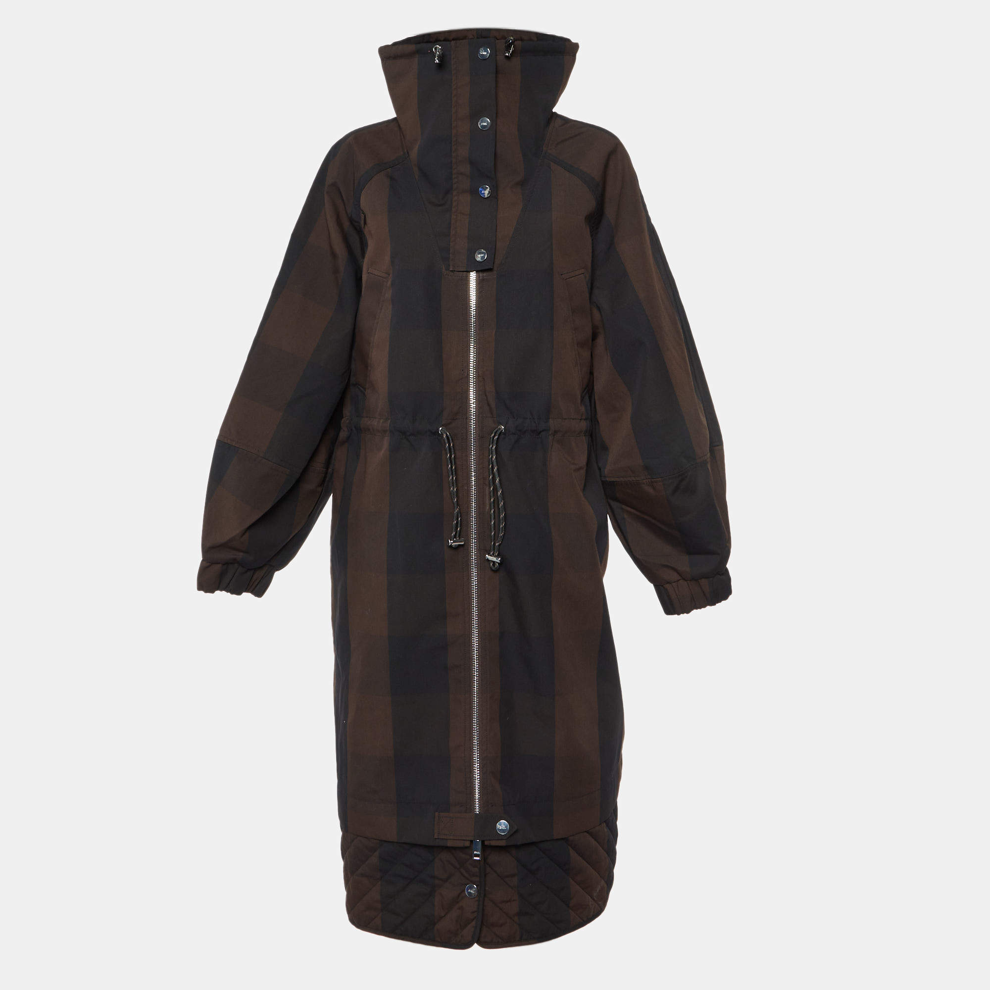 Pre Owned Ganni Brown Checked Double Cotton Oversized Coat L/XL